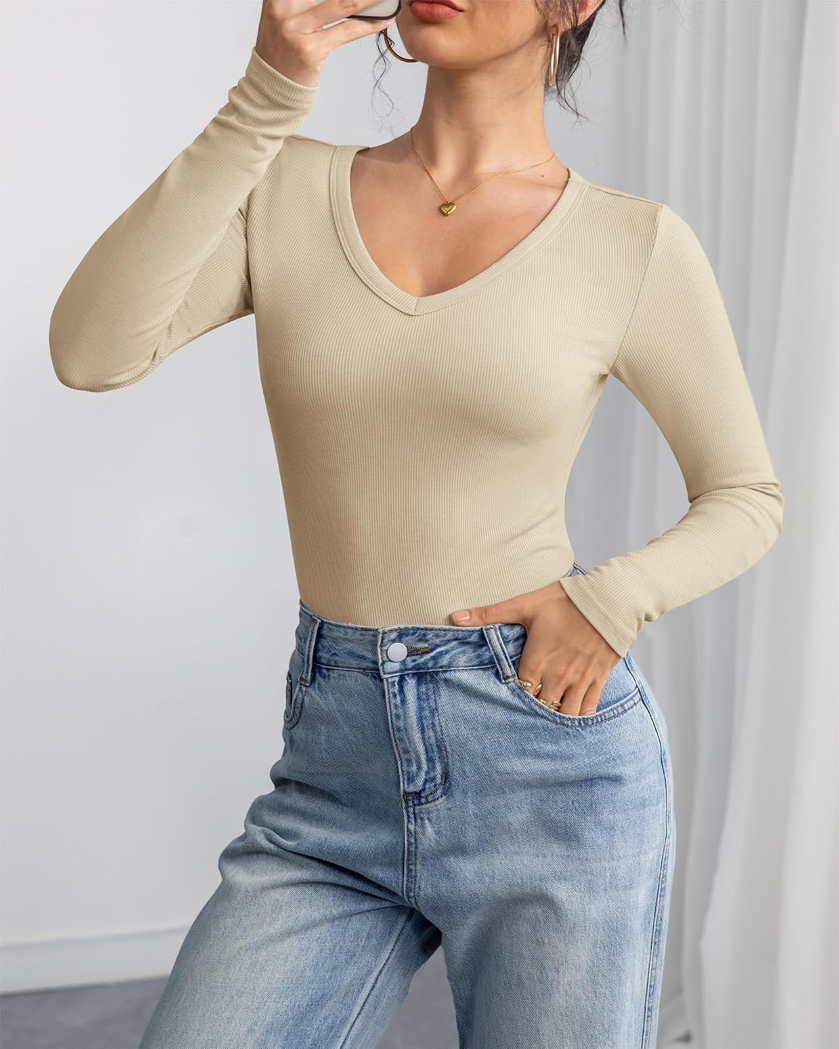 image:imageATHMILE Womens Long Sleeve CrewneckV Neck Ribbed Tops Fall Fitted Stretch Casual Basic T Shirts 2026Vapricot