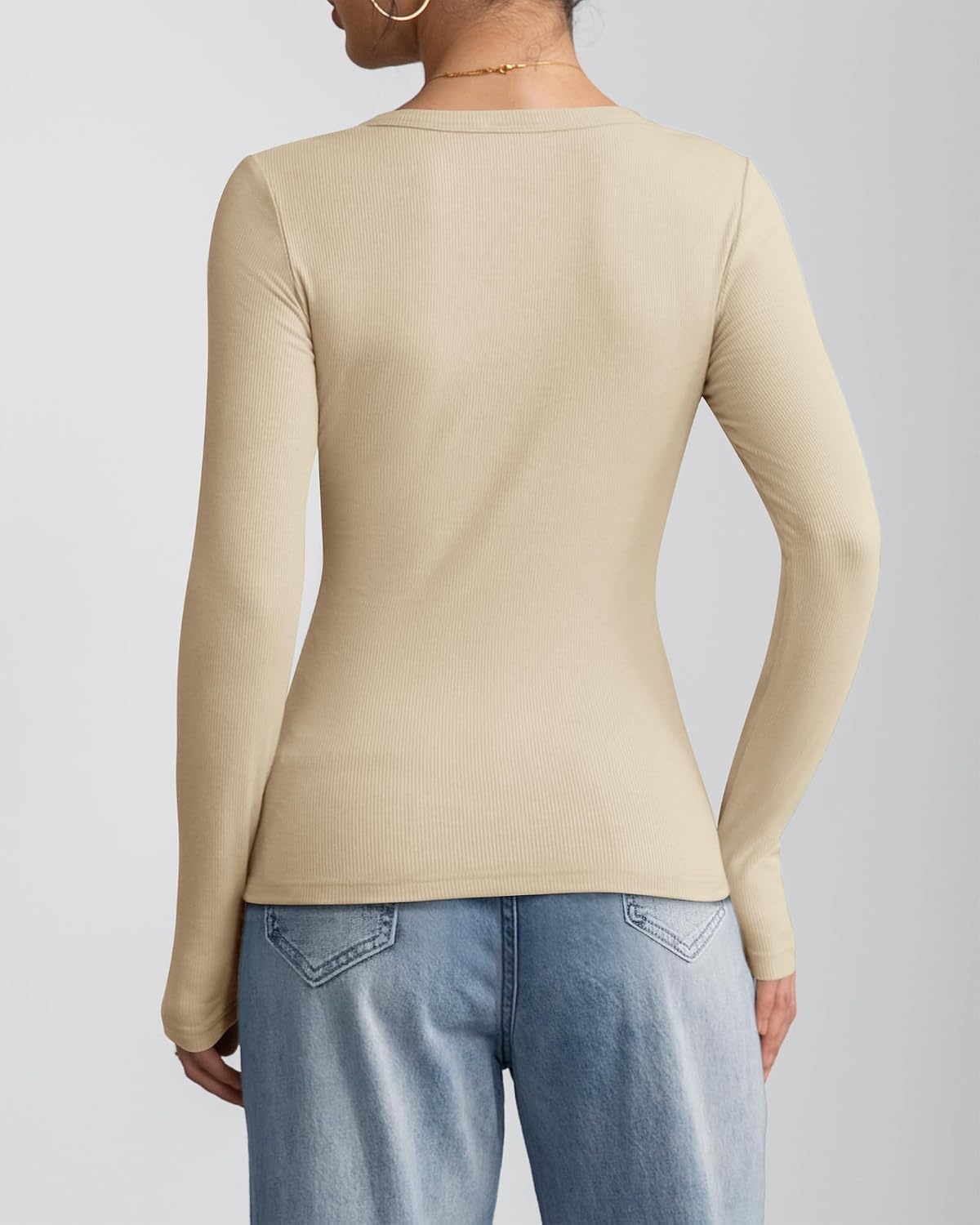 image:imageATHMILE Womens Long Sleeve CrewneckV Neck Ribbed Tops Fall Fitted Stretch Casual Basic T Shirts 2026Vapricot