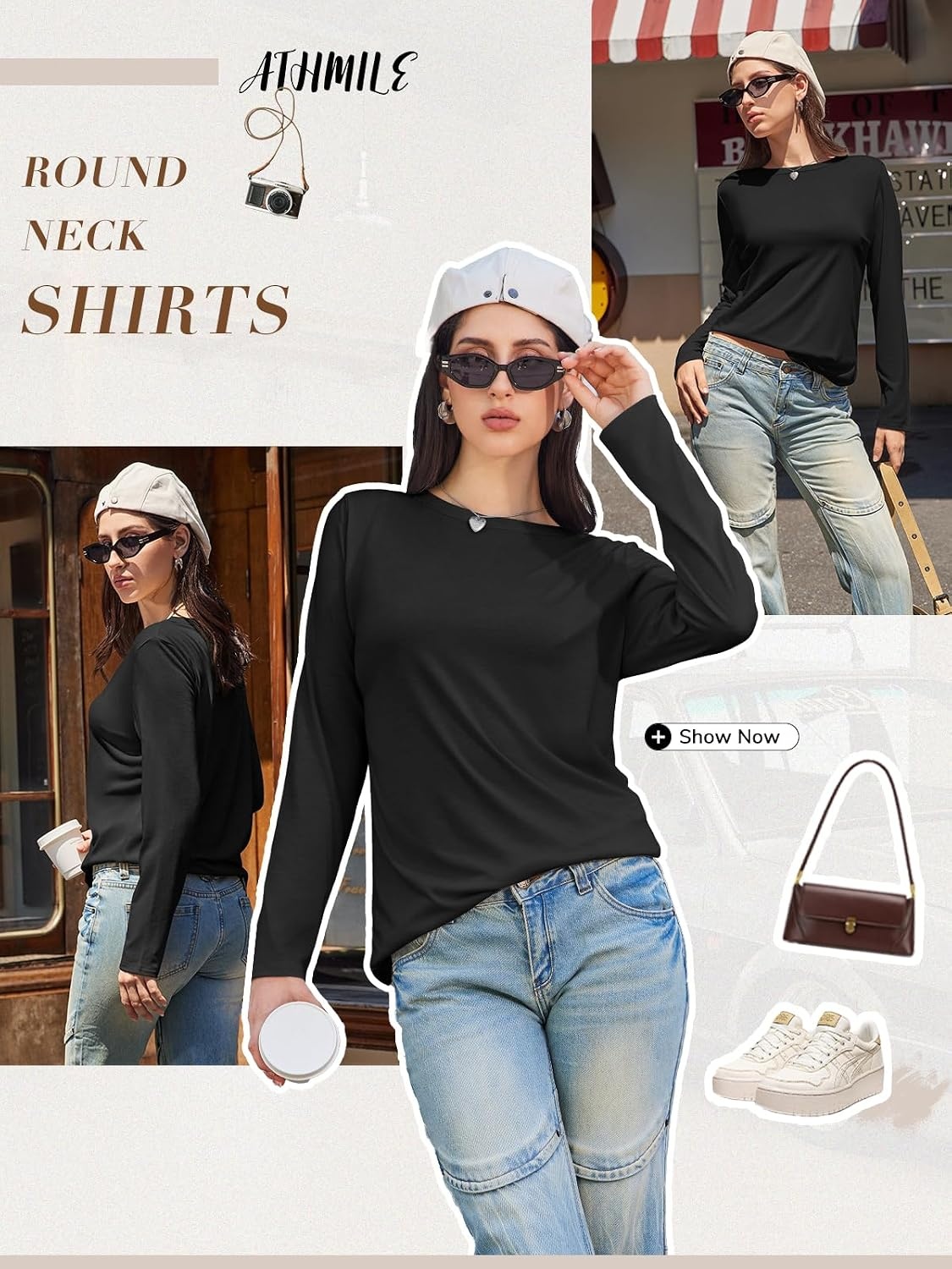 image:imageATHMILE Womens Long Sleeve Shirts Basic Tee Fall Trendy Teen Girl Teacher School Business Casual Workout 2026 FashionBlack