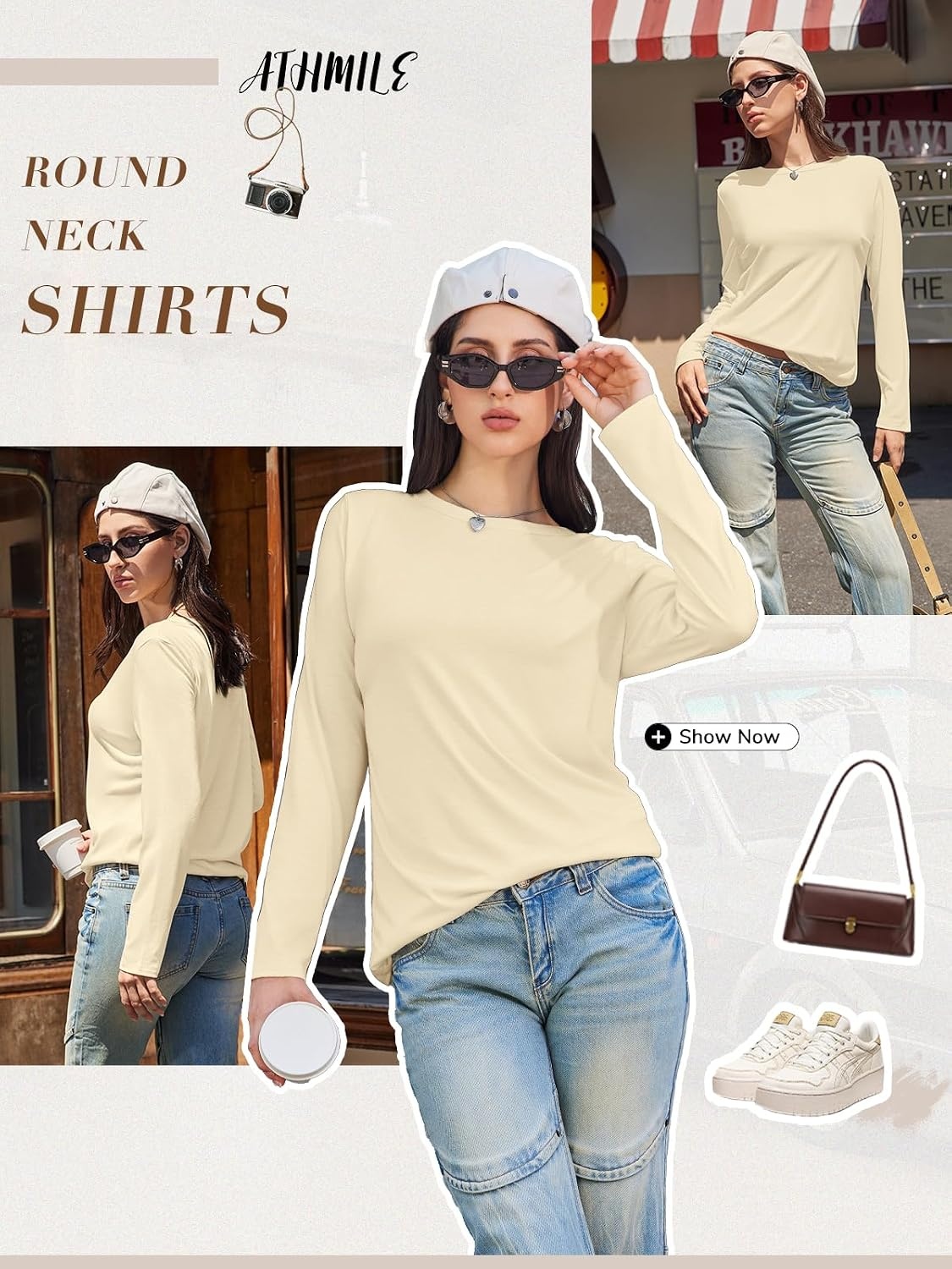image:imageATHMILE Womens Long Sleeve Shirts Basic Tee Fall Trendy Teen Girl Teacher School Business Casual Workout 2026 FashionCream