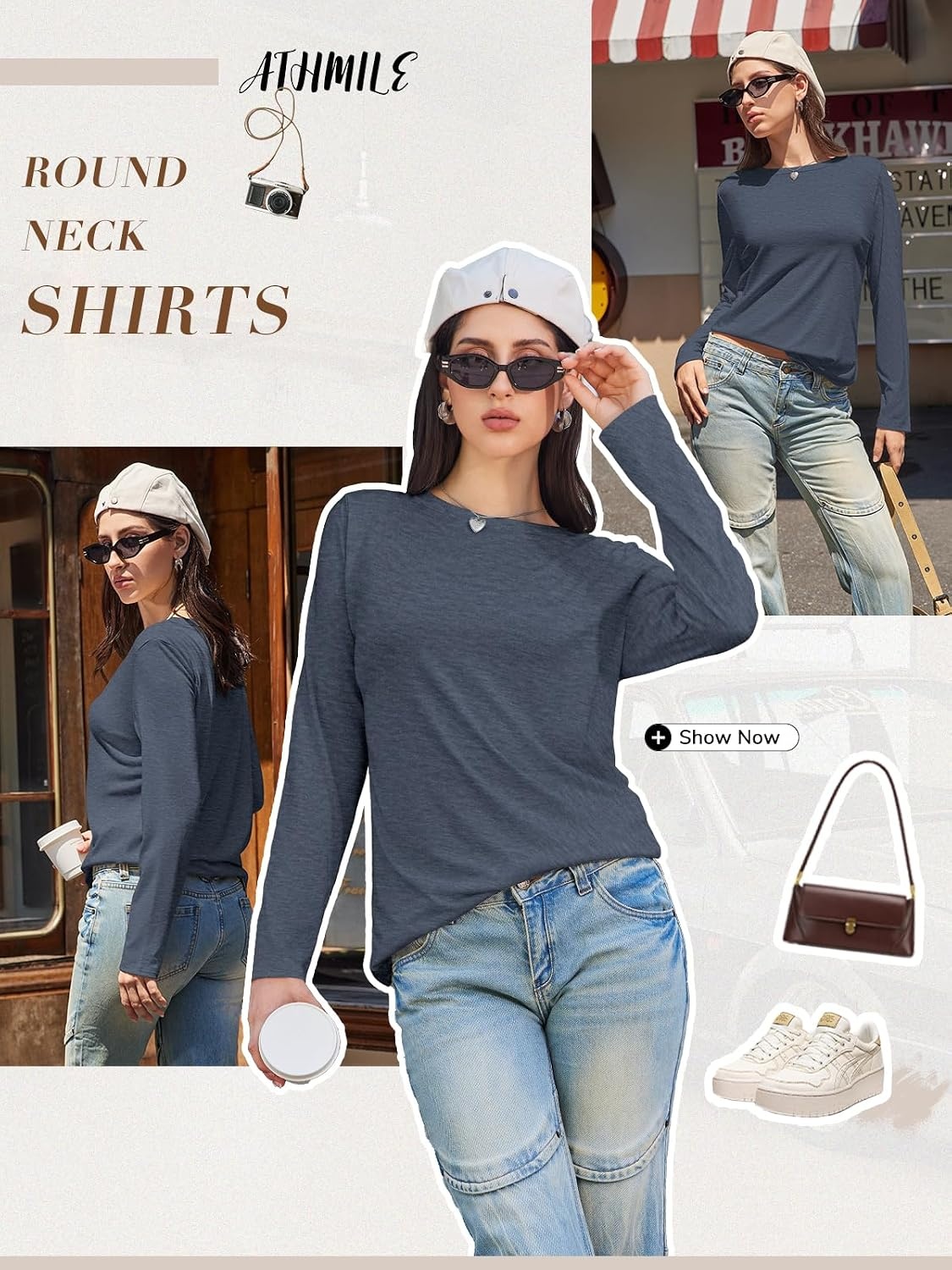 image:imageATHMILE Womens Long Sleeve Shirts Basic Tee Fall Trendy Teen Girl Teacher School Business Casual Workout 2026 FashionDark Blue