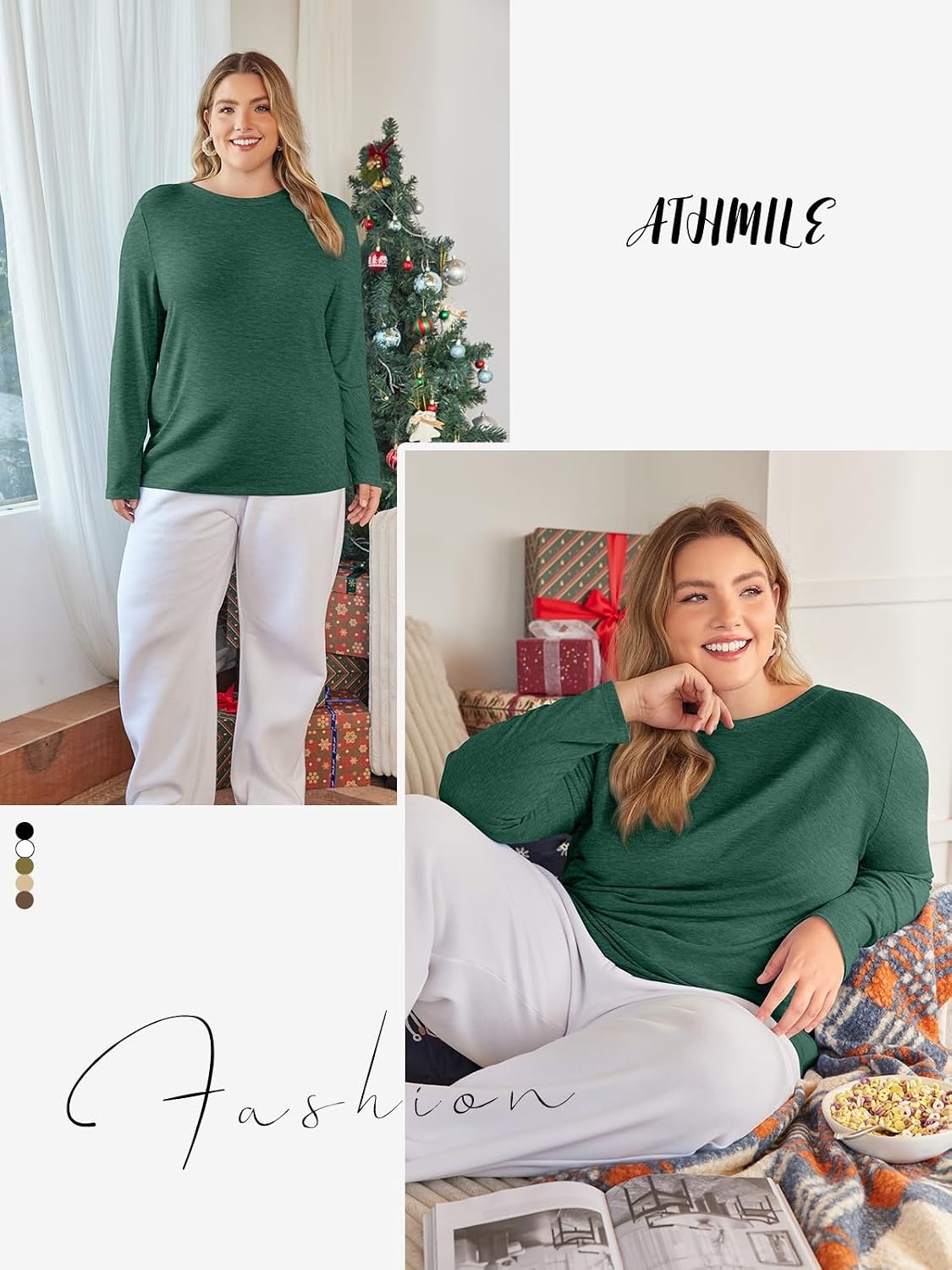 image:imageATHMILE Womens Long Sleeve Shirts Basic Tee Fall Trendy Teen Girl Teacher School Business Casual Workout 2026 FashionDark Green