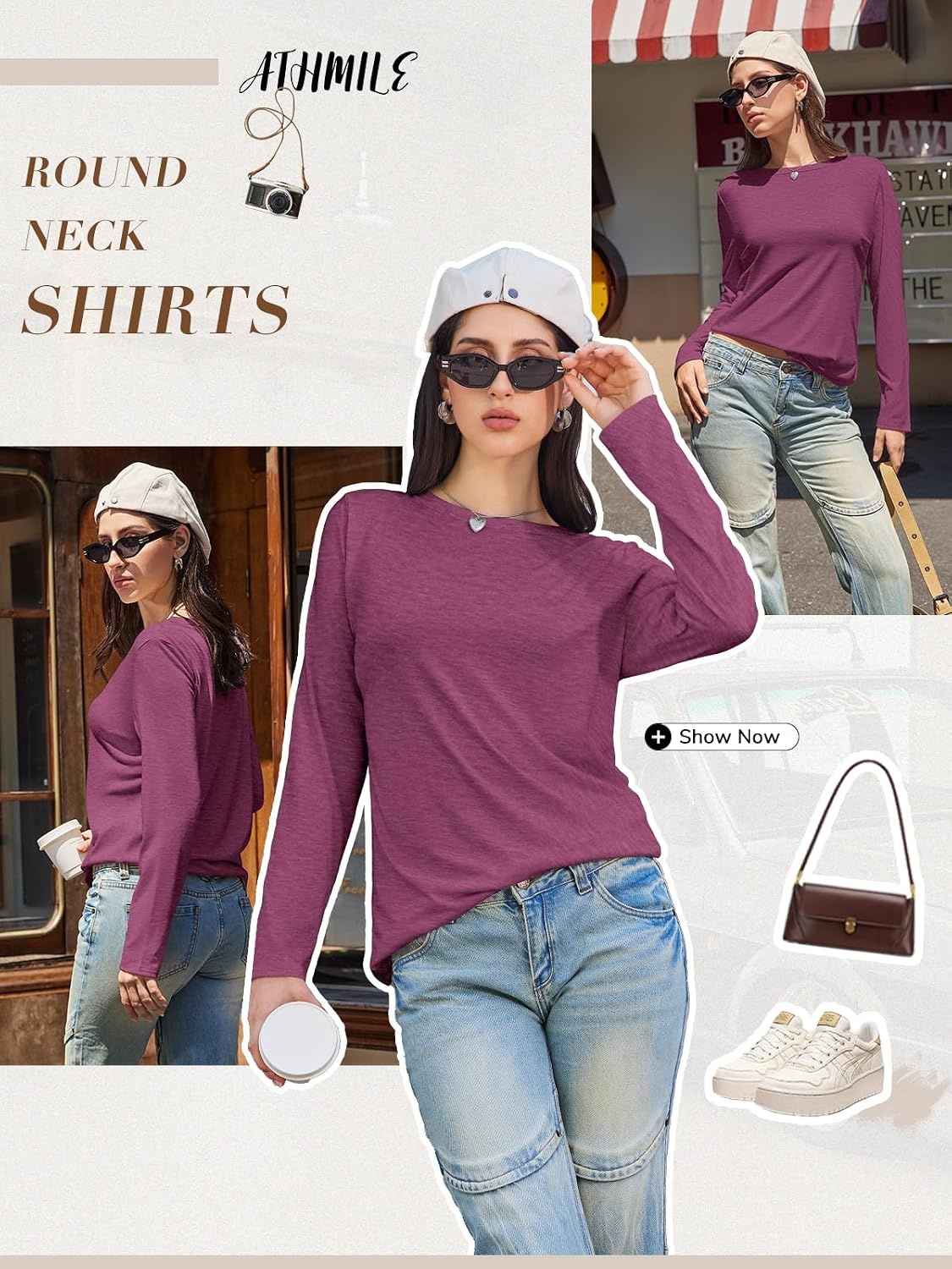 image:imageATHMILE Womens Long Sleeve Shirts Basic Tee Fall Trendy Teen Girl Teacher School Business Casual Workout 2026 FashionPurple Red