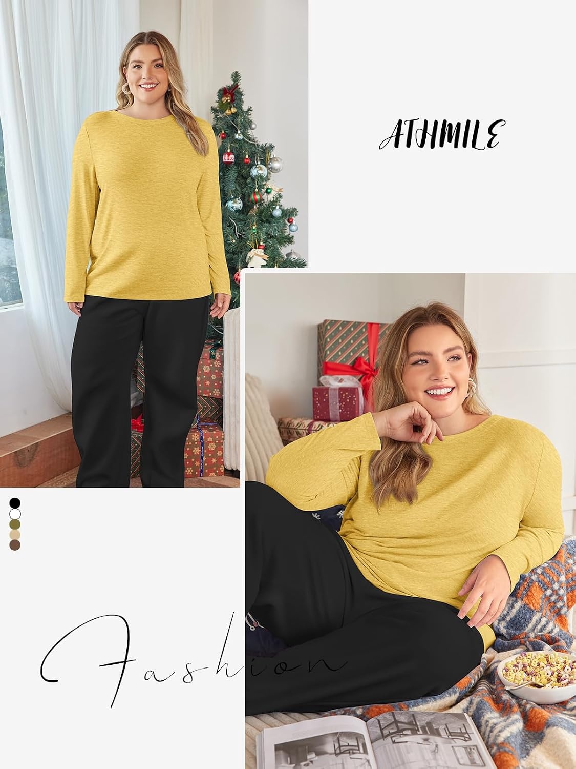image:imageATHMILE Womens Long Sleeve Shirts Basic Tee Fall Trendy Teen Girl Teacher School Business Casual Workout 2026 FashionYellow