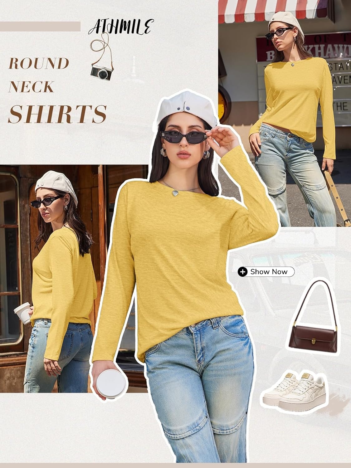 image:imageATHMILE Womens Long Sleeve Shirts Basic Tee Fall Trendy Teen Girl Teacher School Business Casual Workout 2026 FashionYellow