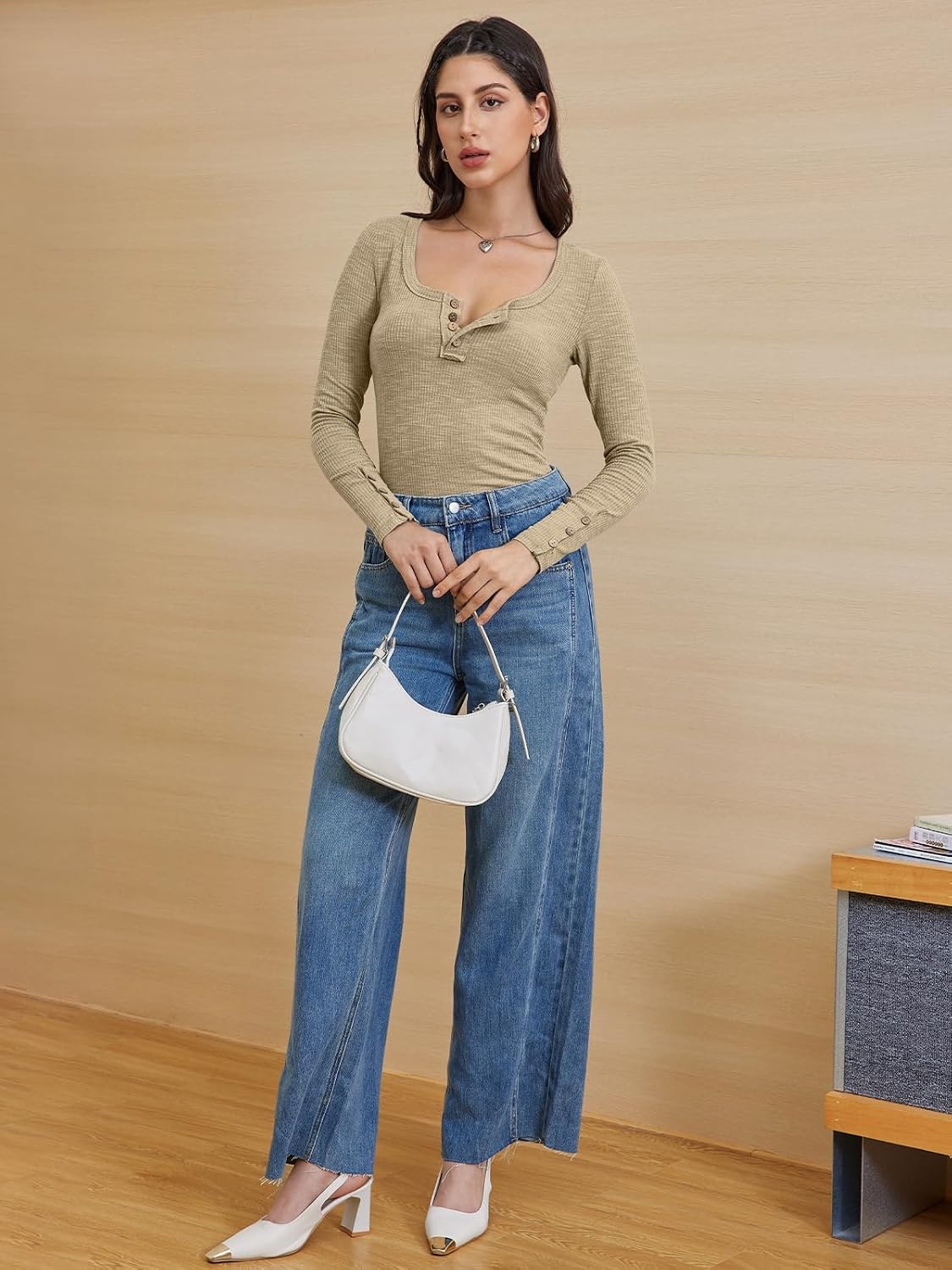image:imageATHMILE Womens Long Sleeve Shirts Casual Fall Henley Top Button Down Blouses Basic Ribbed Knit T Shirts 2025Beige