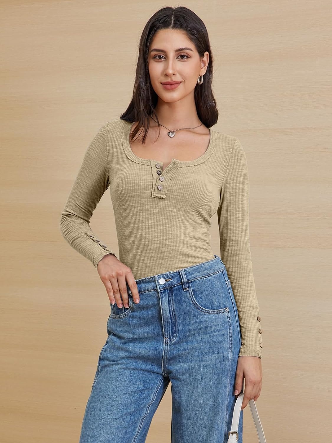 image:imageATHMILE Womens Long Sleeve Shirts Casual Fall Henley Top Button Down Blouses Basic Ribbed Knit T Shirts 2025Beige