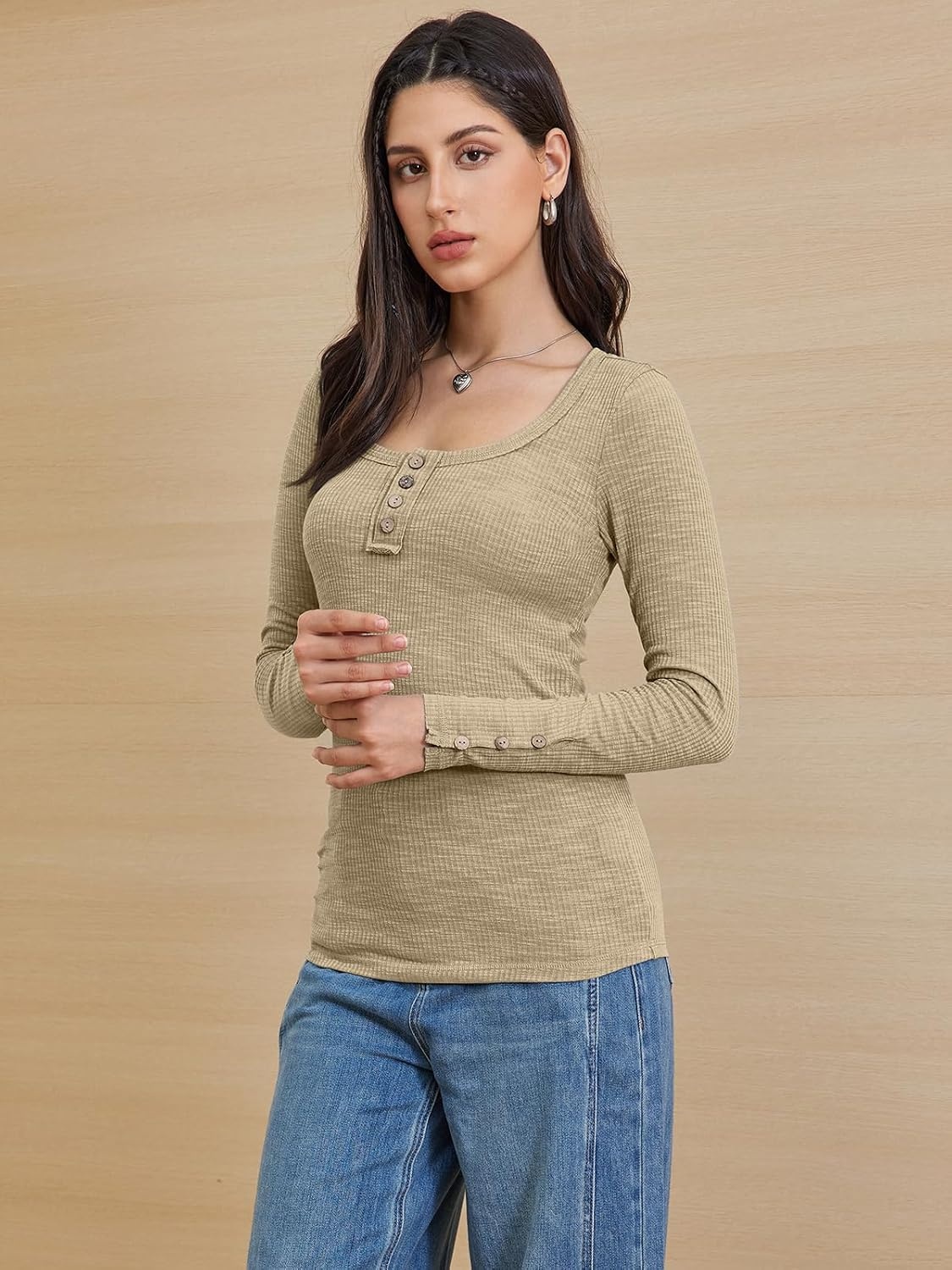 image:imageATHMILE Womens Long Sleeve Shirts Casual Fall Henley Top Button Down Blouses Basic Ribbed Knit T Shirts 2025Beige
