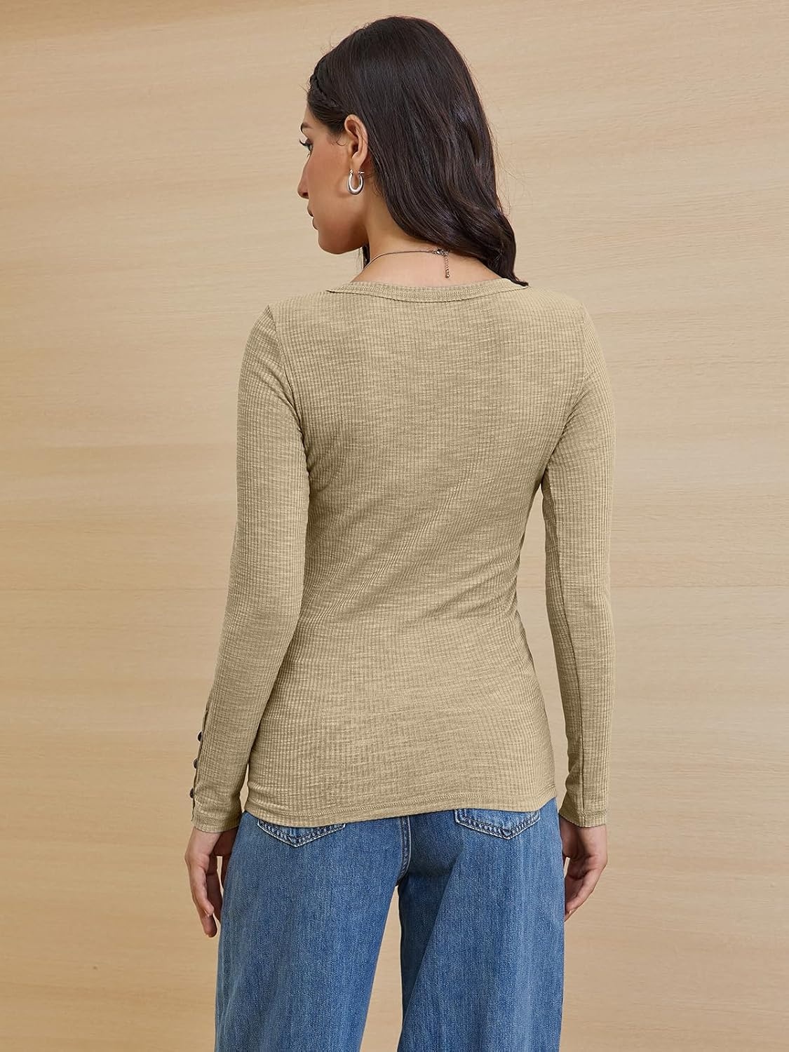 image:imageATHMILE Womens Long Sleeve Shirts Casual Fall Henley Top Button Down Blouses Basic Ribbed Knit T Shirts 2025Beige