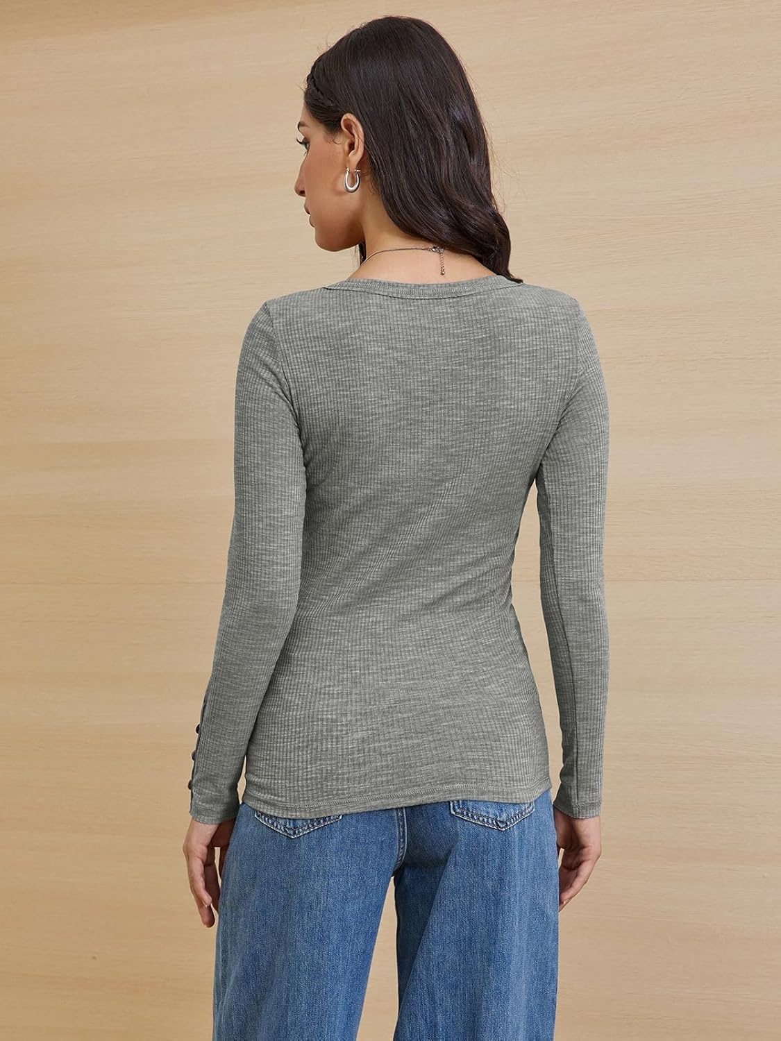 image:imageATHMILE Womens Long Sleeve Shirts Casual Fall Henley Top Button Down Blouses Basic Ribbed Knit T Shirts 2025Grey