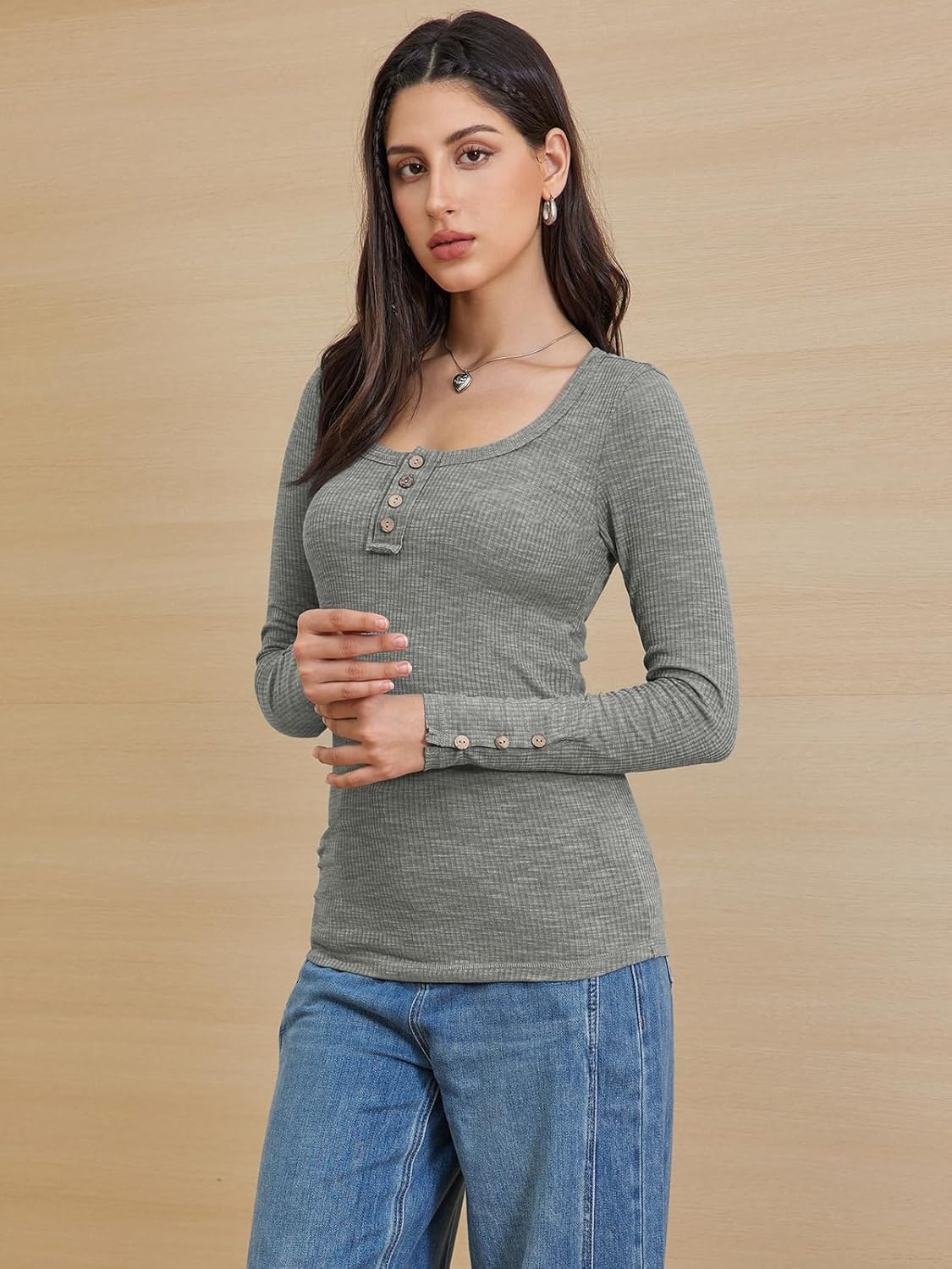 image:imageATHMILE Womens Long Sleeve Shirts Casual Fall Henley Top Button Down Blouses Basic Ribbed Knit T Shirts 2025Grey