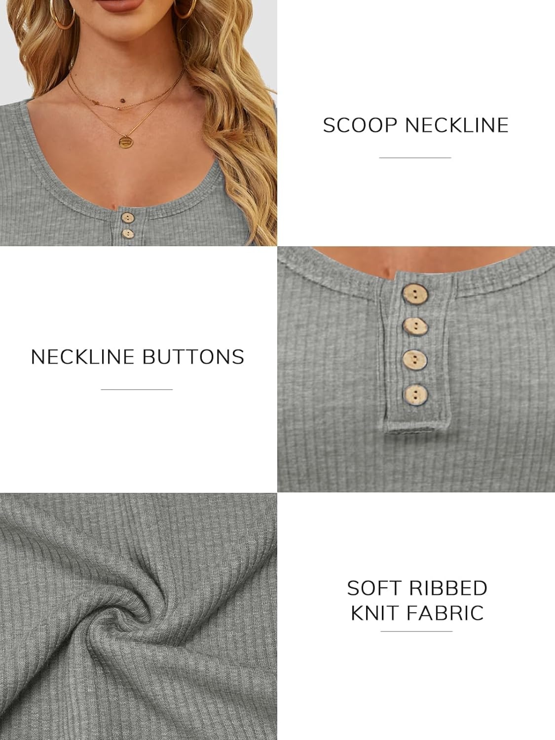 image:imageATHMILE Womens Long Sleeve Shirts Casual Fall Henley Top Button Down Blouses Basic Ribbed Knit T Shirts 2025Grey