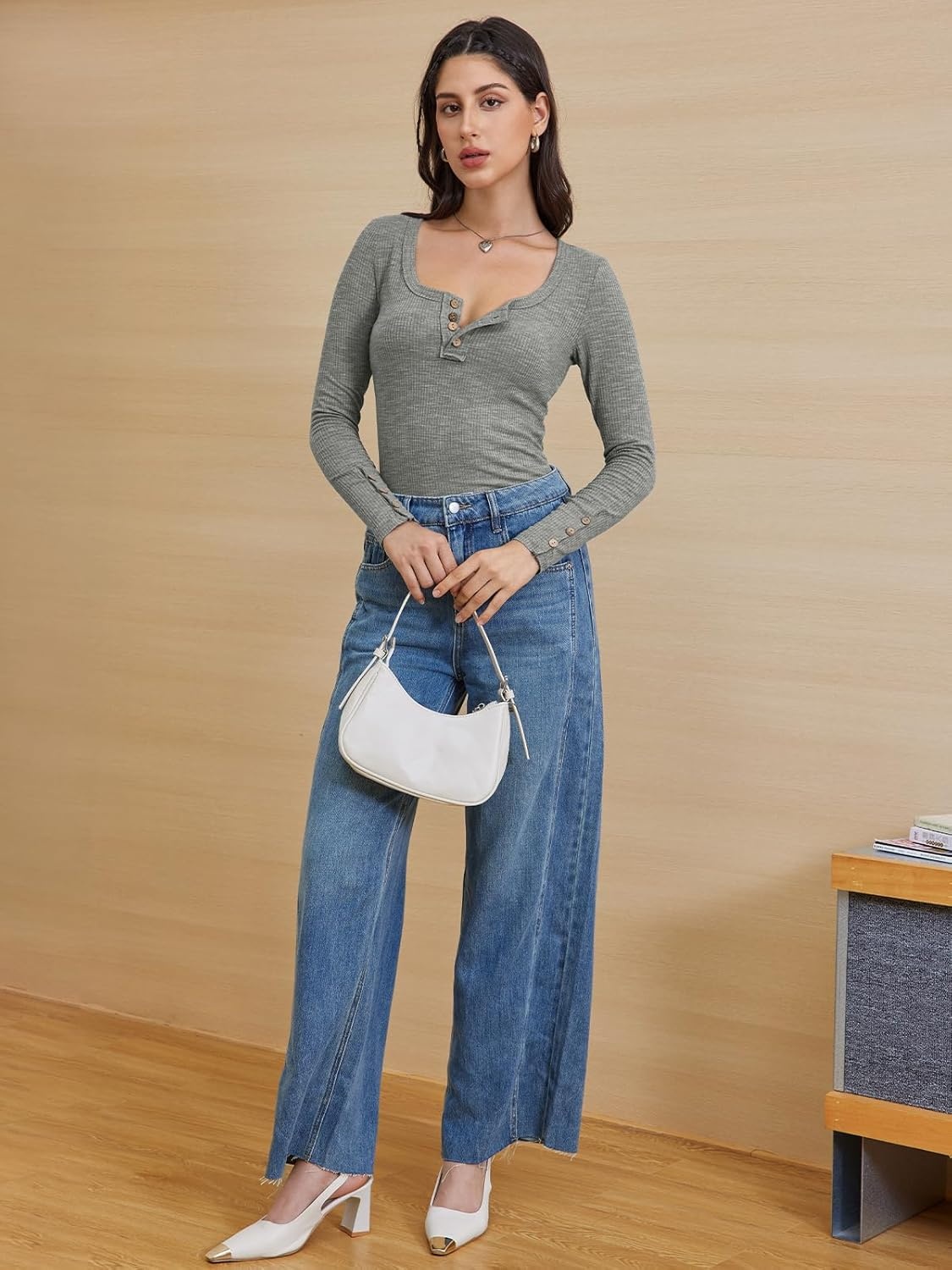 image:imageATHMILE Womens Long Sleeve Shirts Casual Fall Henley Top Button Down Blouses Basic Ribbed Knit T Shirts 2025Grey