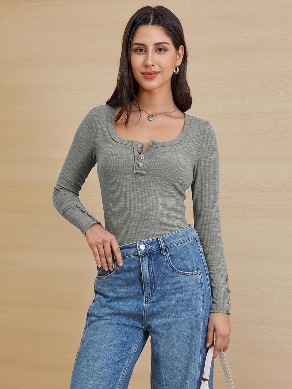 image:imageATHMILE Womens Long Sleeve Shirts Casual Fall Henley Top Button Down Blouses Basic Ribbed Knit T Shirts 2025Grey