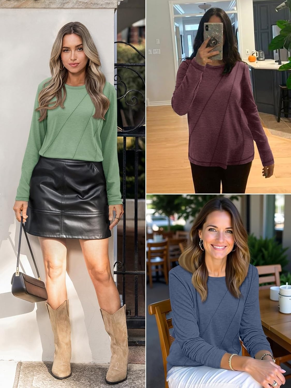 image:imageATHMILE Womens Long Sleeve Shirts Pleated Crew Neck Casual Fall Fashion Ladie Tops Loose Fit Spring Basic Clothes TrendyBlack Grey