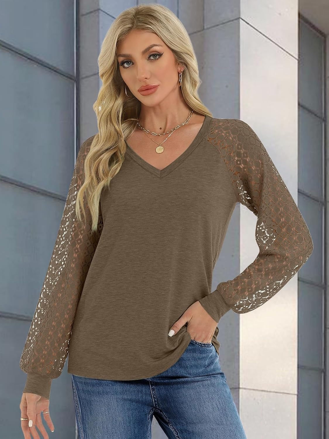 image:imageATHMILE Womens Long Sleeve Shirts VNeck Lace Tops Business Casual Blouses Tee 2025 Trendy Fall Fashion Outfits ClothesCoffeegrey