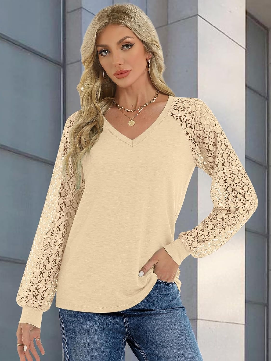 image:imageATHMILE Womens Long Sleeve Shirts VNeck Lace Tops Business Casual Blouses Tee 2025 Trendy Fall Fashion Outfits ClothesCream