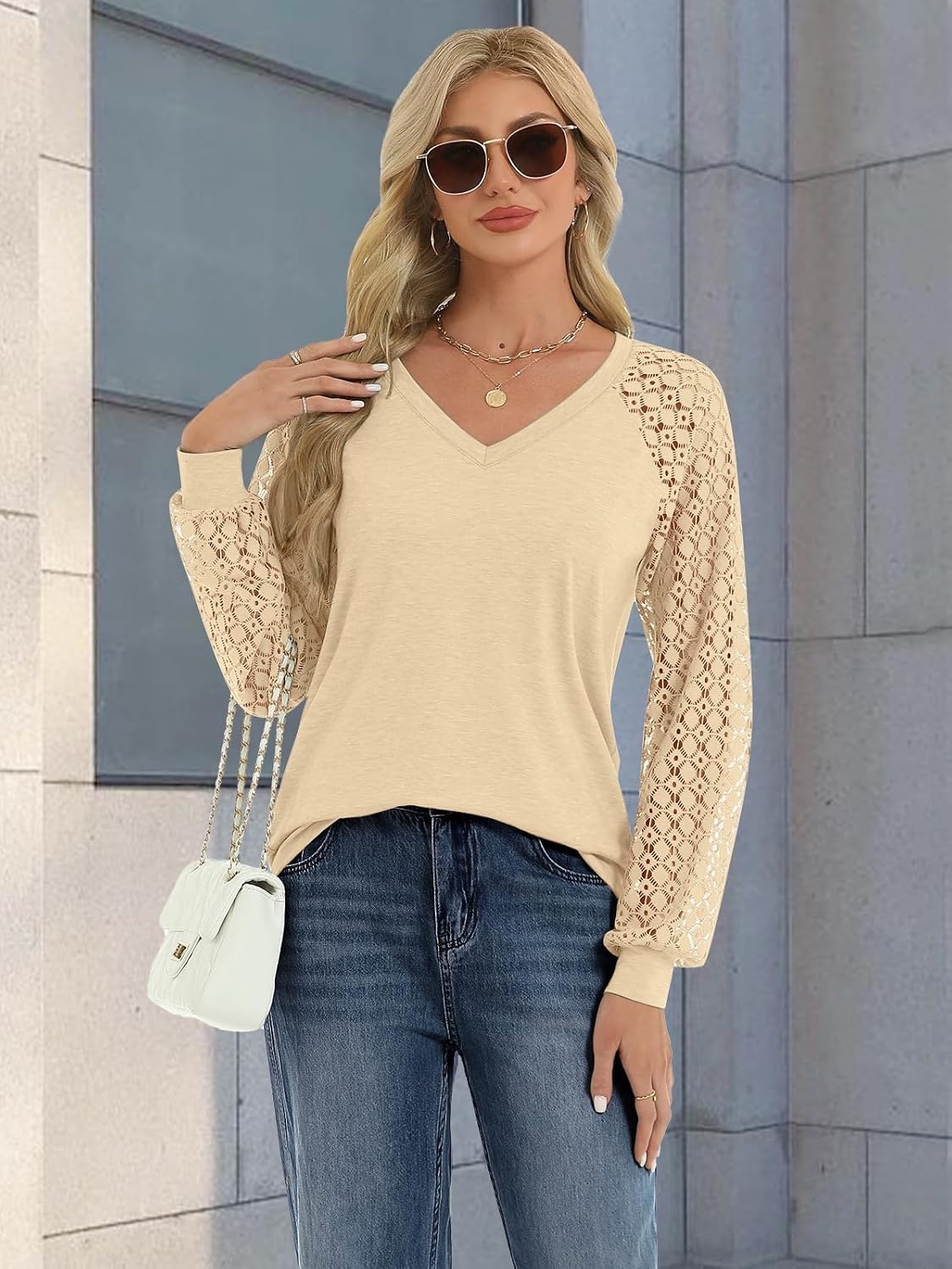 image:imageATHMILE Womens Long Sleeve Shirts VNeck Lace Tops Business Casual Blouses Tee 2025 Trendy Fall Fashion Outfits ClothesCream