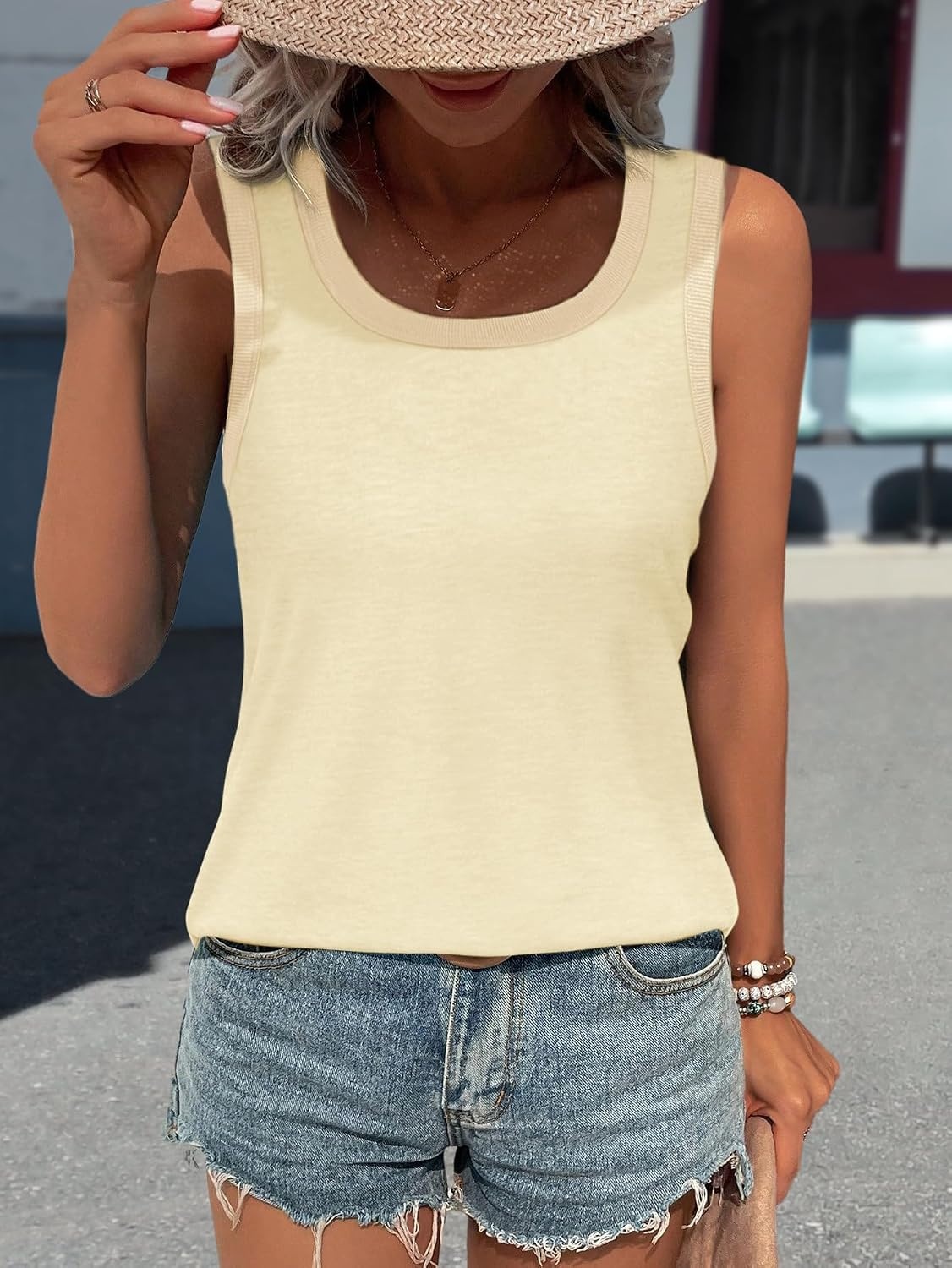 image:imageATHMILE Womens Loose Fit Casual Flowy Tank Tops Round Neck Trendy Sleeveless Summer Beach Clothes OutfitsApricot