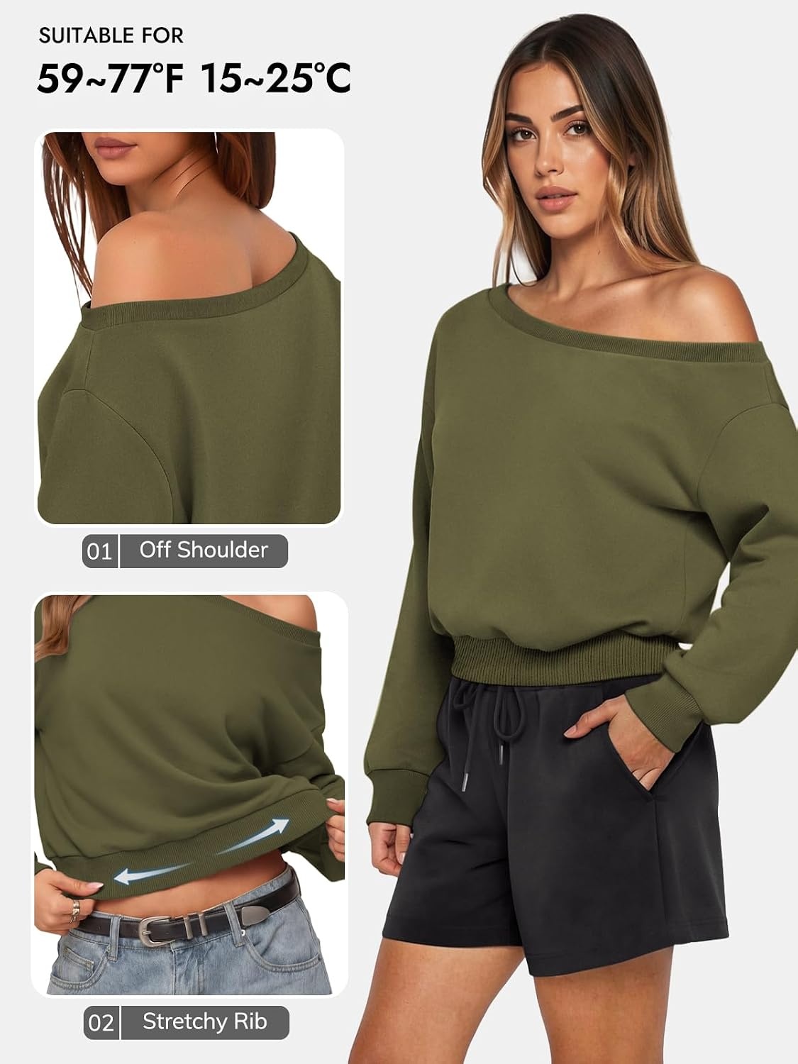 image:imageATHMILE Womens Off the Shoulder Sweatshirt Crop Top Long Sleeve Pullover Comfy Sexy Y2K Casual Fall Outfits 2026Army Green