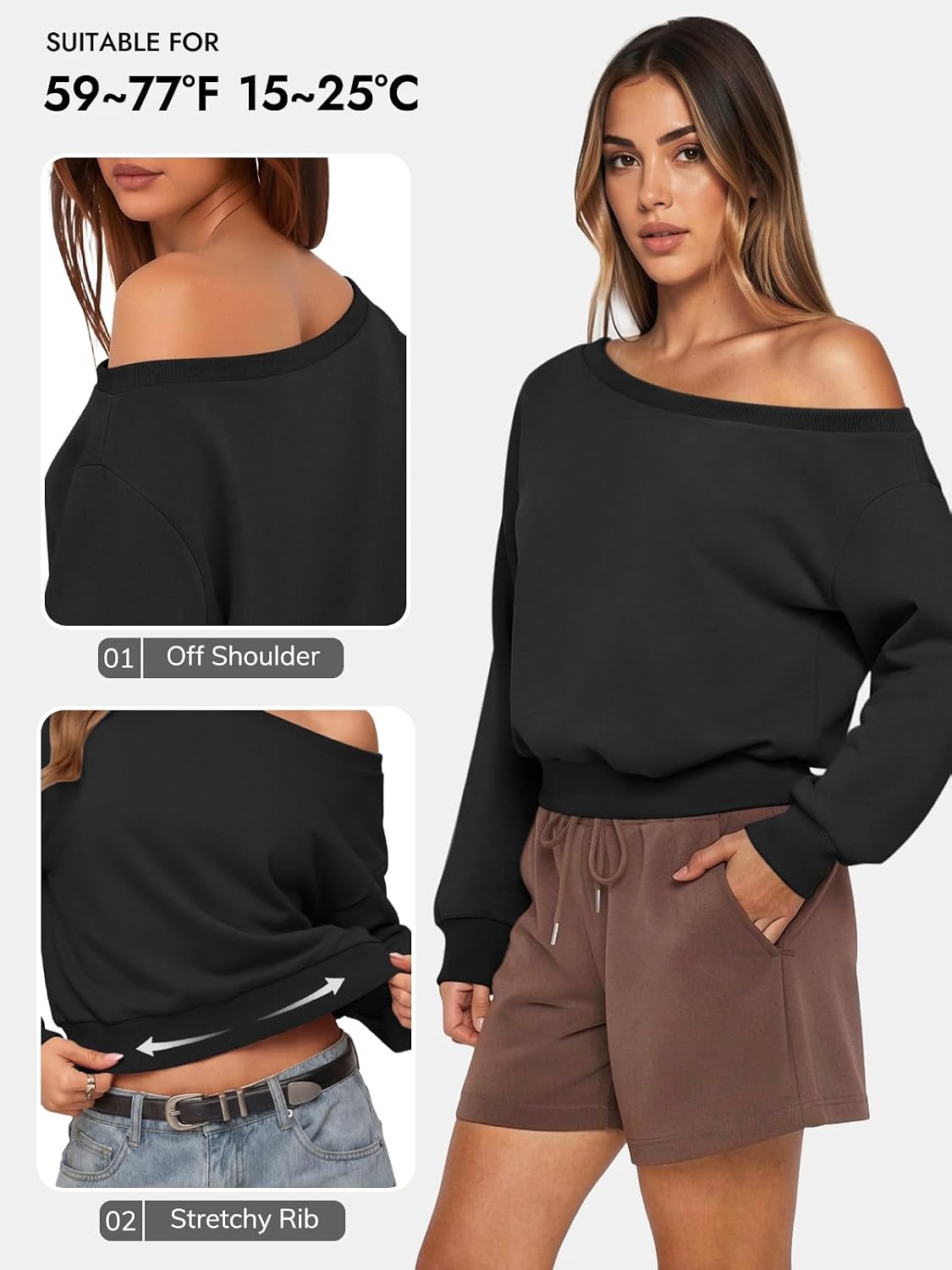 image:imageATHMILE Womens Off the Shoulder Sweatshirt Crop Top Long Sleeve Pullover Comfy Sexy Y2K Casual Fall Outfits 2026Black