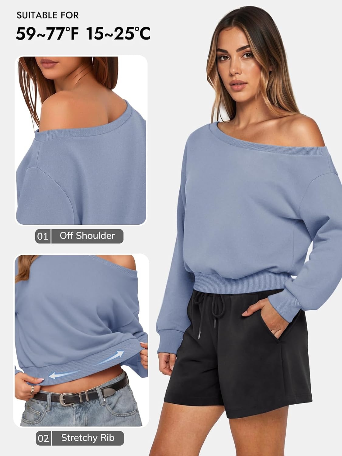 image:imageATHMILE Womens Off the Shoulder Sweatshirt Crop Top Long Sleeve Pullover Comfy Sexy Y2K Casual Fall Outfits 2026Blue