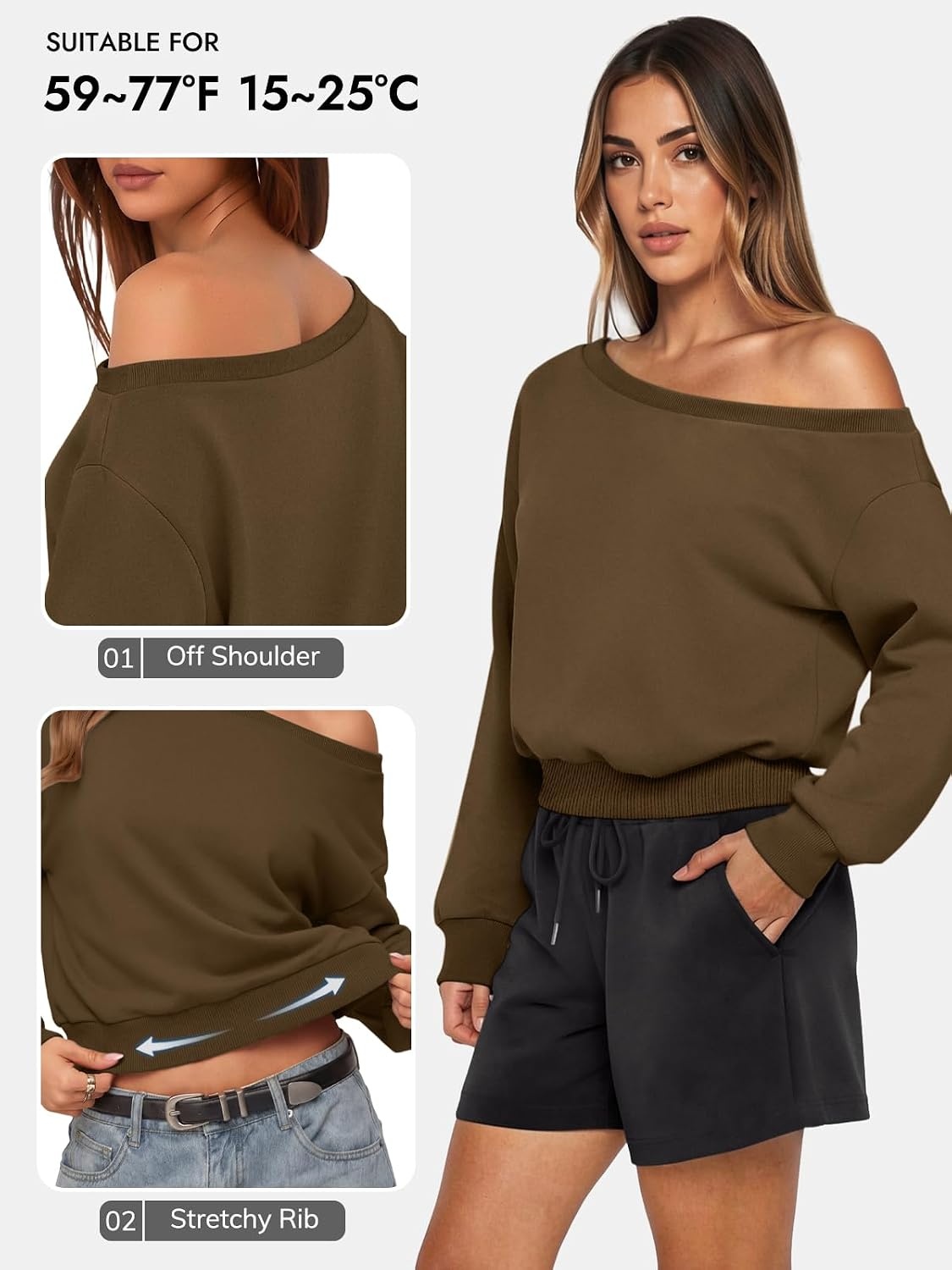 image:imageATHMILE Womens Off the Shoulder Sweatshirt Crop Top Long Sleeve Pullover Comfy Sexy Y2K Casual Fall Outfits 2026Coffee