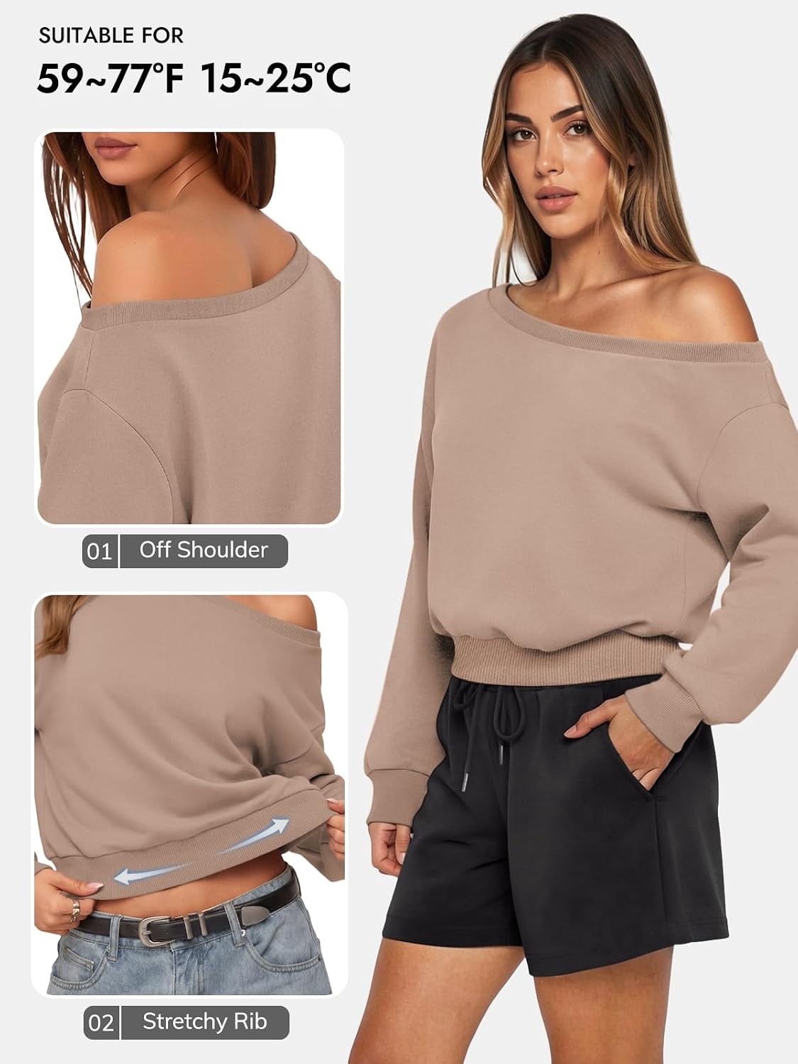 image:imageATHMILE Womens Off the Shoulder Sweatshirt Crop Top Long Sleeve Pullover Comfy Sexy Y2K Casual Fall Outfits 2026Coffee Grey