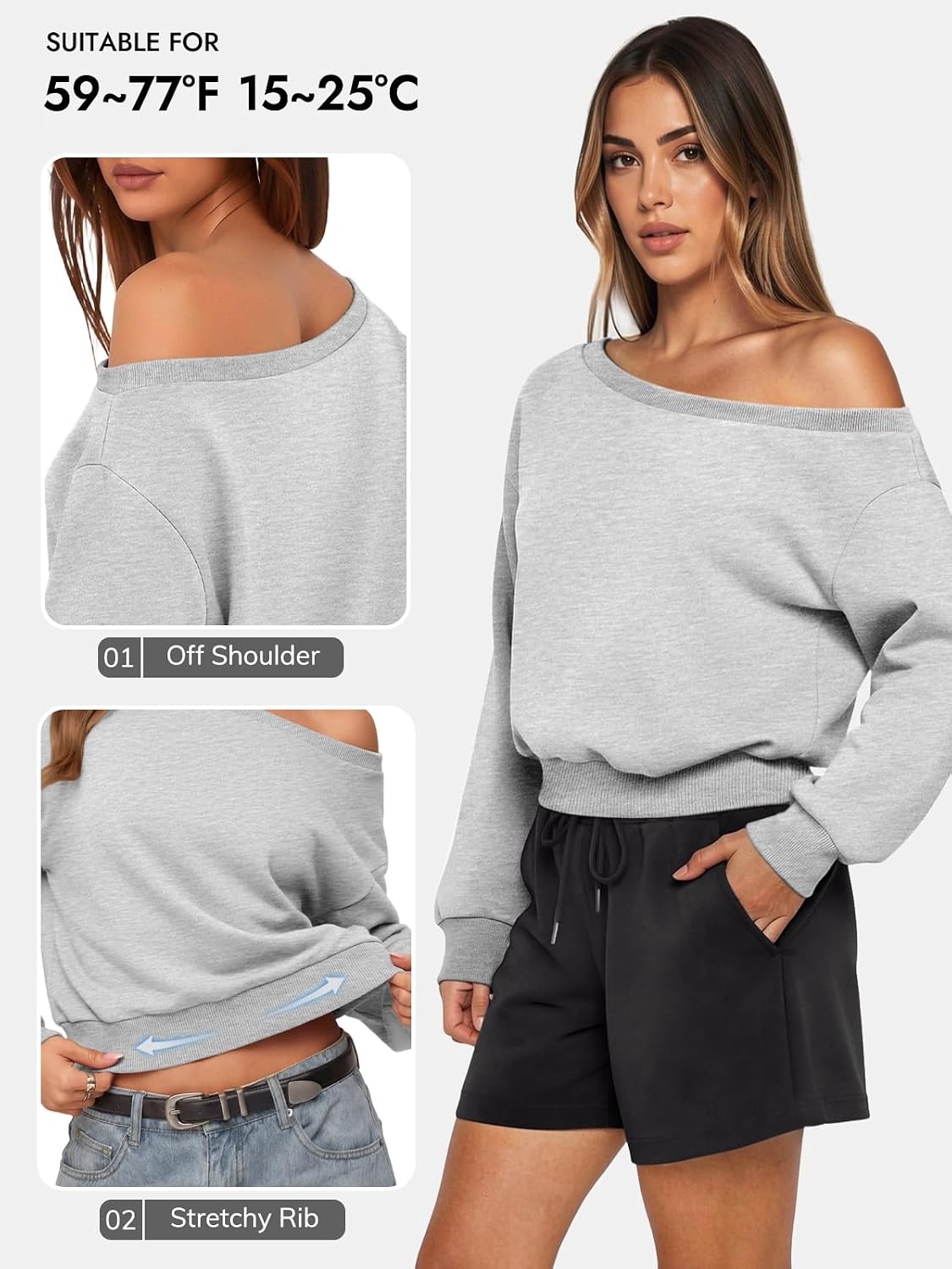 image:imageATHMILE Womens Off the Shoulder Sweatshirt Crop Top Long Sleeve Pullover Comfy Sexy Y2K Casual Fall Outfits 2026Gray