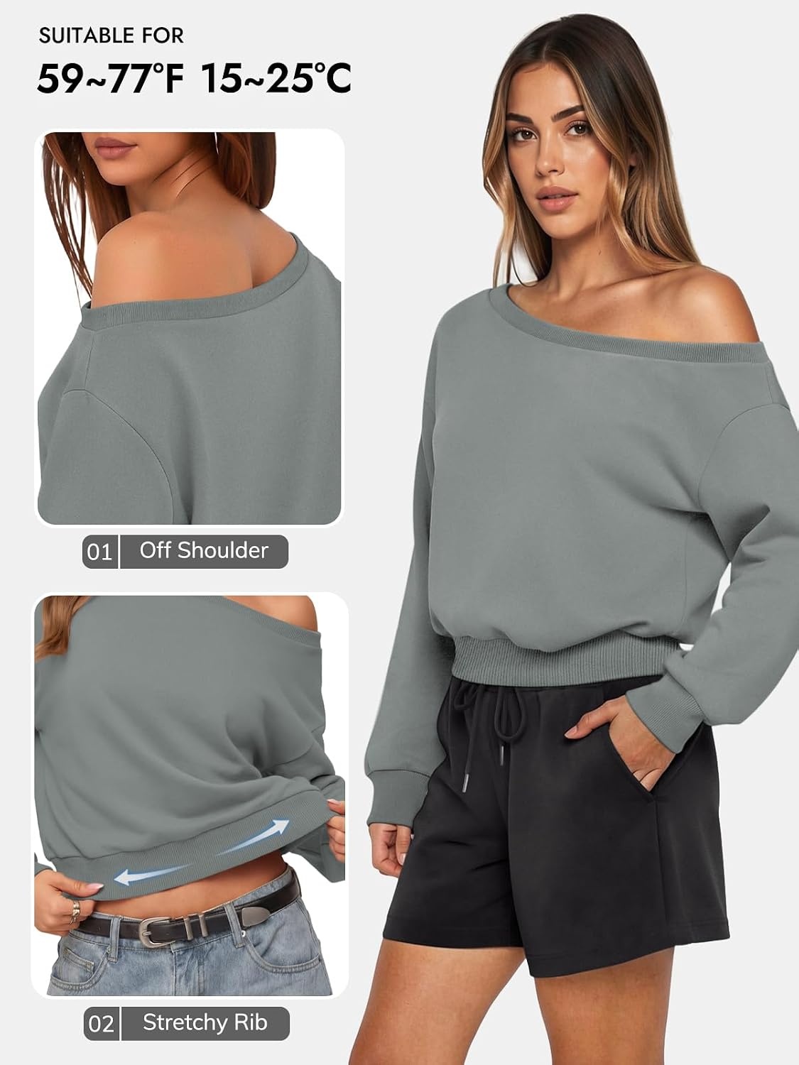 image:imageATHMILE Womens Off the Shoulder Sweatshirt Crop Top Long Sleeve Pullover Comfy Sexy Y2K Casual Fall Outfits 2026Gray Blue