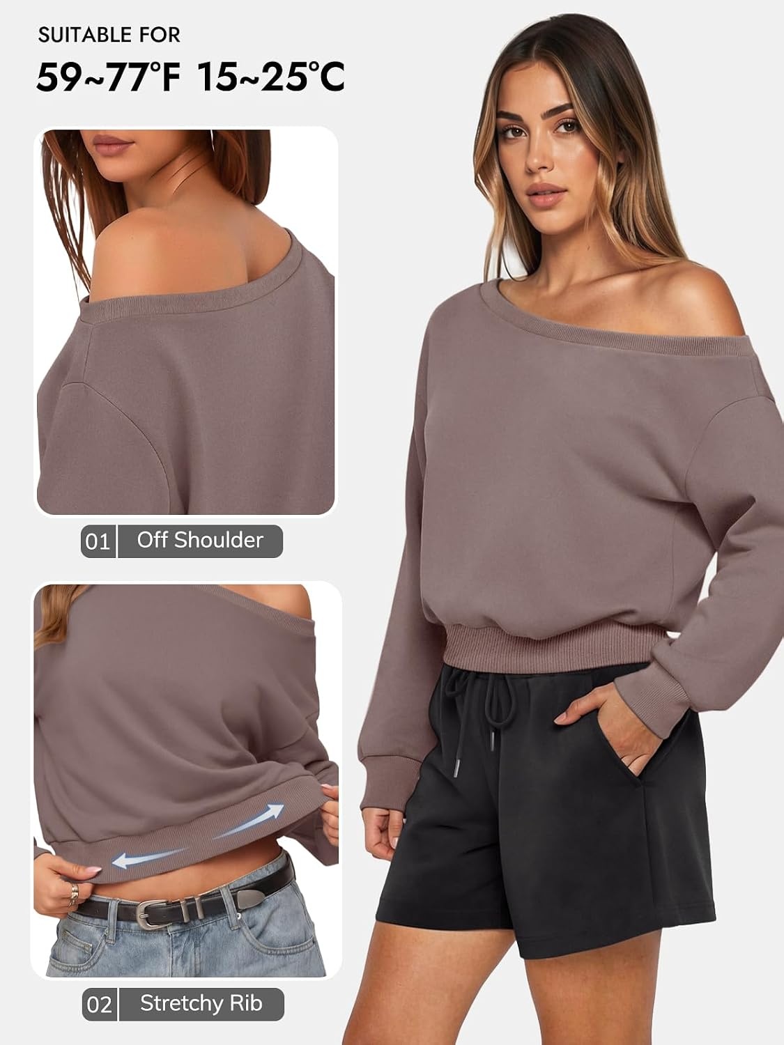 image:imageATHMILE Womens Off the Shoulder Sweatshirt Crop Top Long Sleeve Pullover Comfy Sexy Y2K Casual Fall Outfits 2026Nutmeg