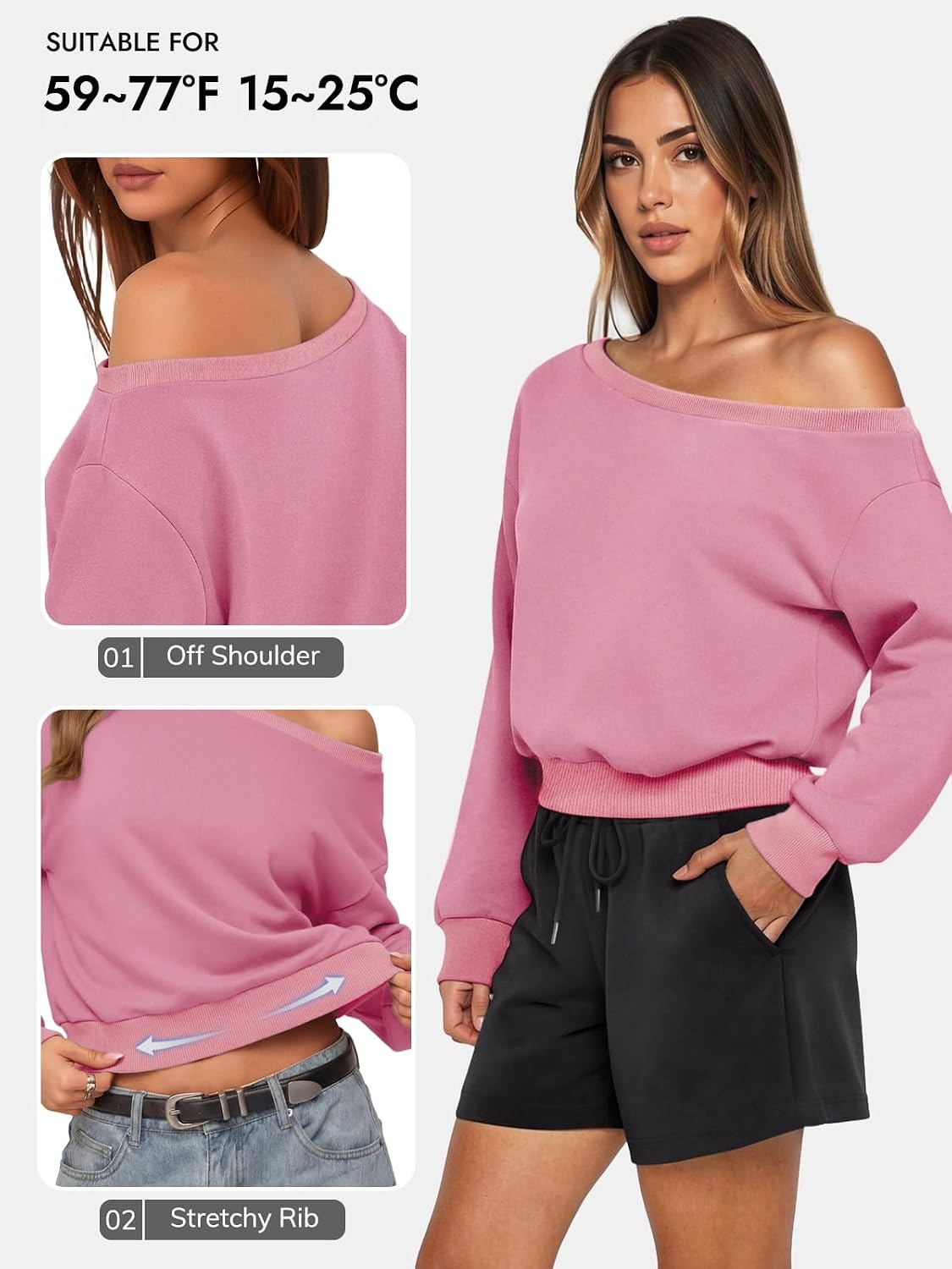 image:imageATHMILE Womens Off the Shoulder Sweatshirt Crop Top Long Sleeve Pullover Comfy Sexy Y2K Casual Fall Outfits 2026Pink