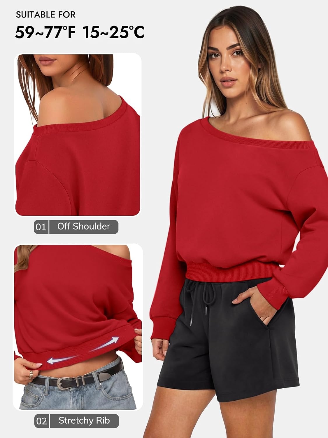 image:imageATHMILE Womens Off the Shoulder Sweatshirt Crop Top Long Sleeve Pullover Comfy Sexy Y2K Casual Fall Outfits 2026Red
