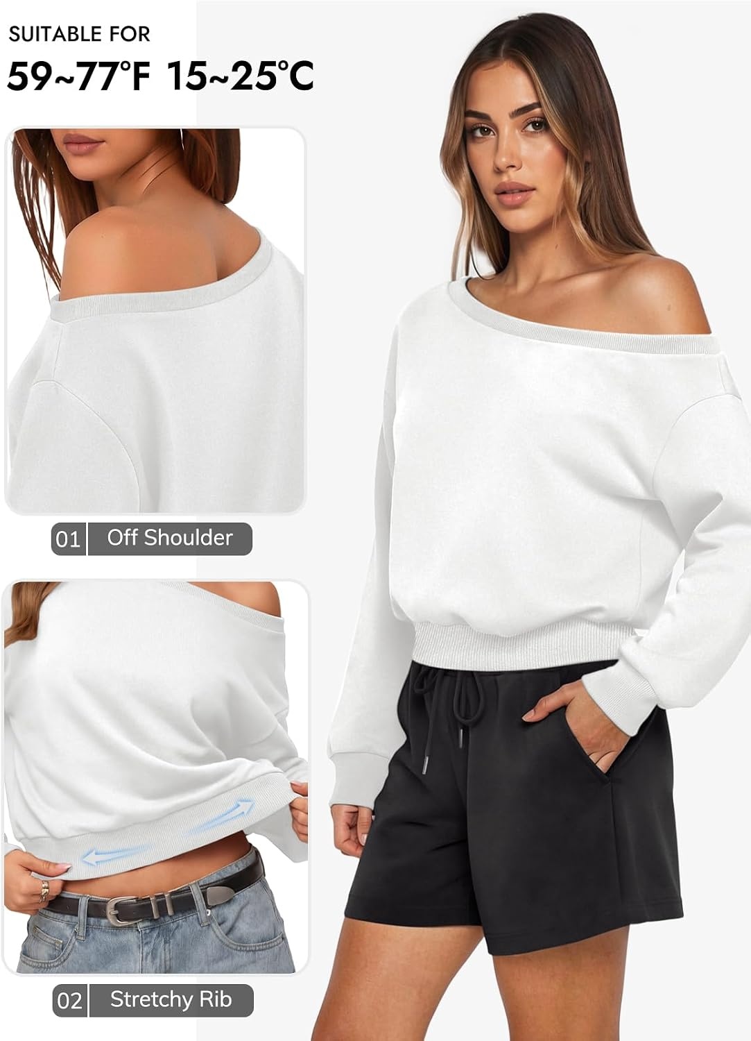 image:imageATHMILE Womens Off the Shoulder Sweatshirt Crop Top Long Sleeve Pullover Comfy Sexy Y2K Casual Fall Outfits 2026White