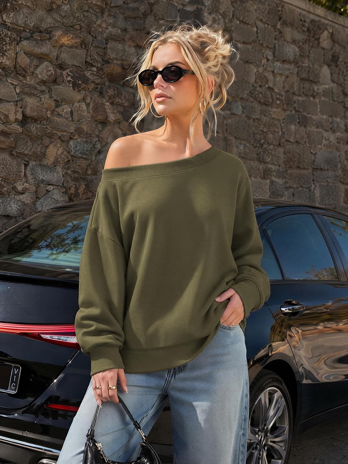 image:imageATHMILE Womens Off the Shoulder Sweatshirts Fleece Lined Long Sleeve Pullover Tops Oversized Sweater Basic Slouchy ClothesArmy Green