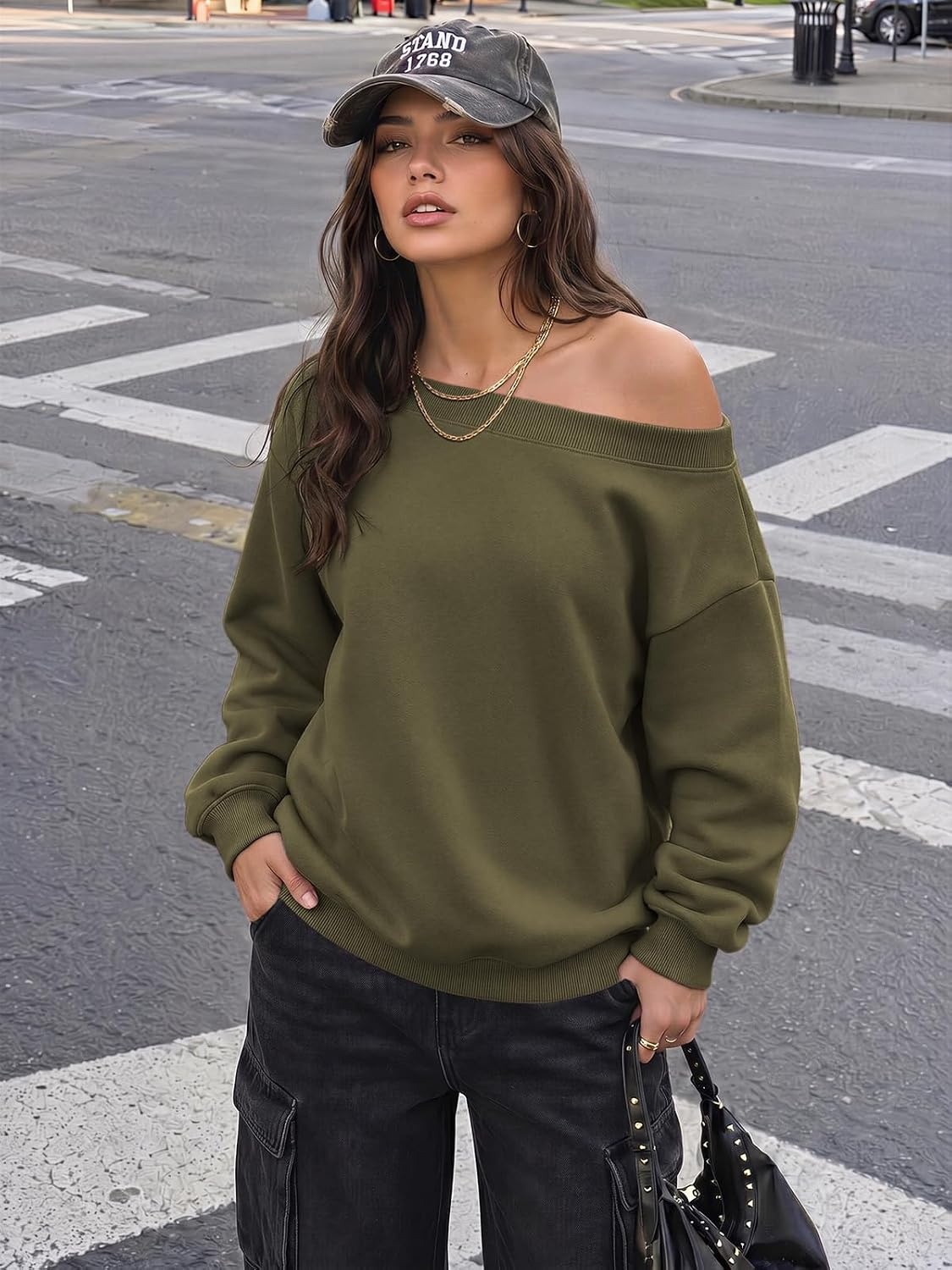 image:imageATHMILE Womens Off the Shoulder Sweatshirts Fleece Lined Long Sleeve Pullover Tops Oversized Sweater Basic Slouchy ClothesArmy Green