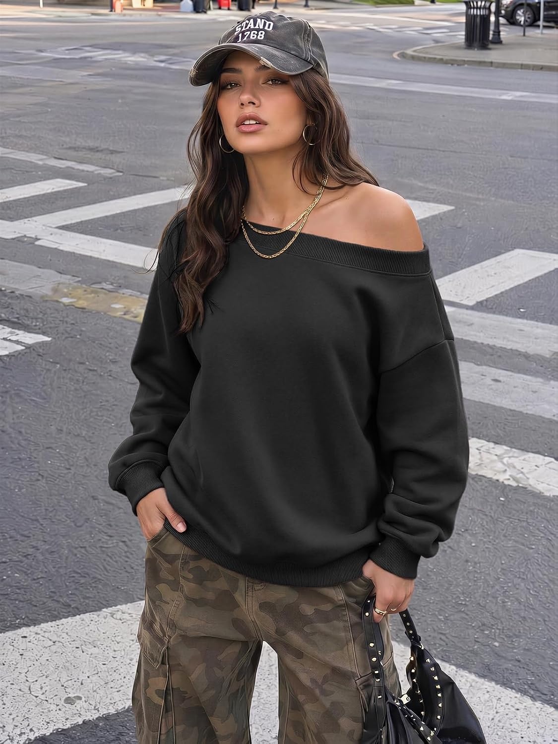 image:imageATHMILE Womens Off the Shoulder Sweatshirts Fleece Lined Long Sleeve Pullover Tops Oversized Sweater Basic Slouchy ClothesBlack