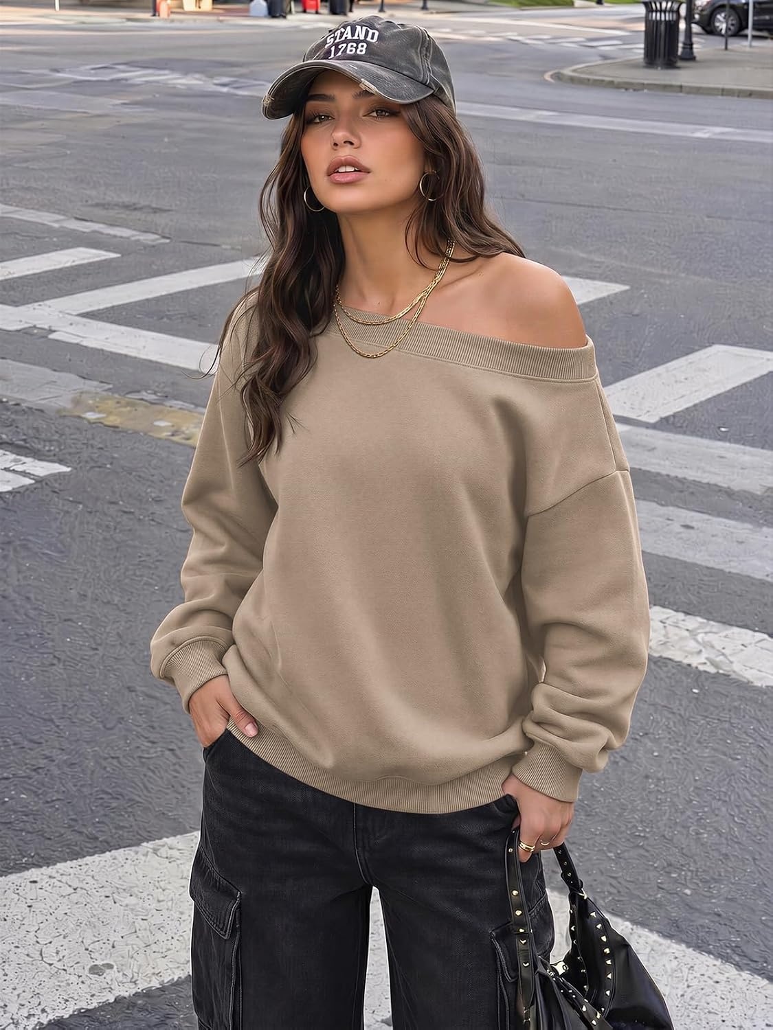 image:imageATHMILE Womens Off the Shoulder Sweatshirts Fleece Lined Long Sleeve Pullover Tops Oversized Sweater Basic Slouchy ClothesCoffeegrey