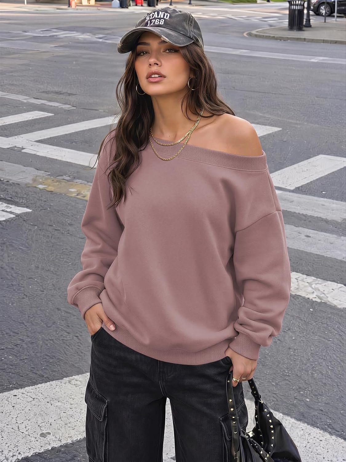 image:imageATHMILE Womens Off the Shoulder Sweatshirts Fleece Lined Long Sleeve Pullover Tops Oversized Sweater Basic Slouchy ClothesDark Pink