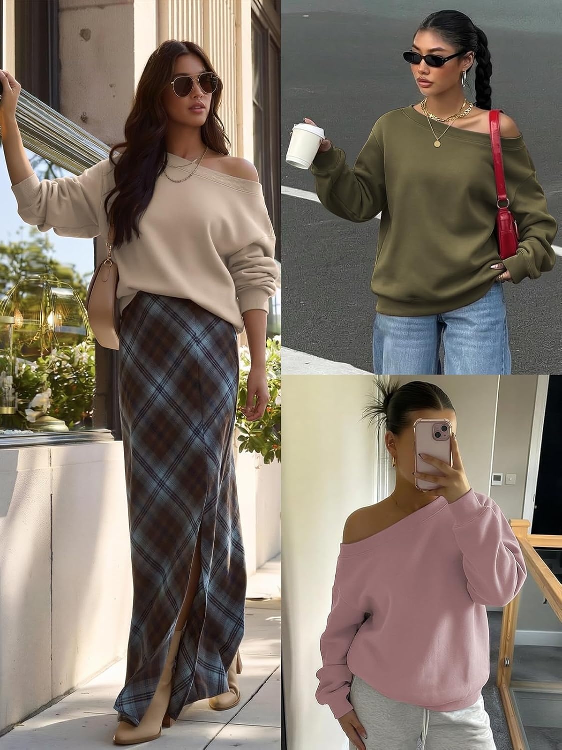 image:imageATHMILE Womens Off the Shoulder Sweatshirts Fleece Lined Long Sleeve Pullover Tops Oversized Sweater Basic Slouchy ClothesDark Pink