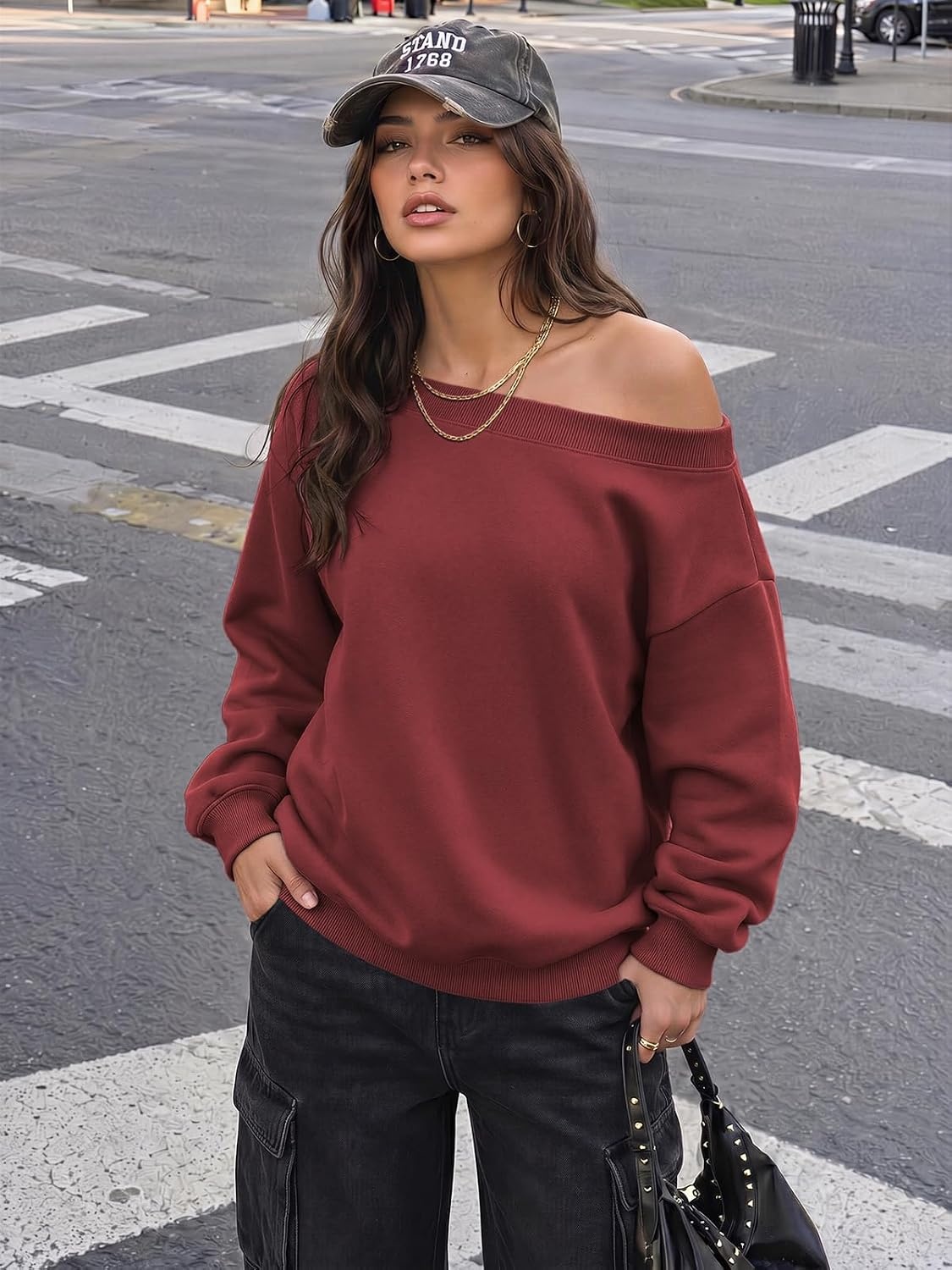 image:imageATHMILE Womens Off the Shoulder Sweatshirts Fleece Lined Long Sleeve Pullover Tops Oversized Sweater Basic Slouchy ClothesWine Red