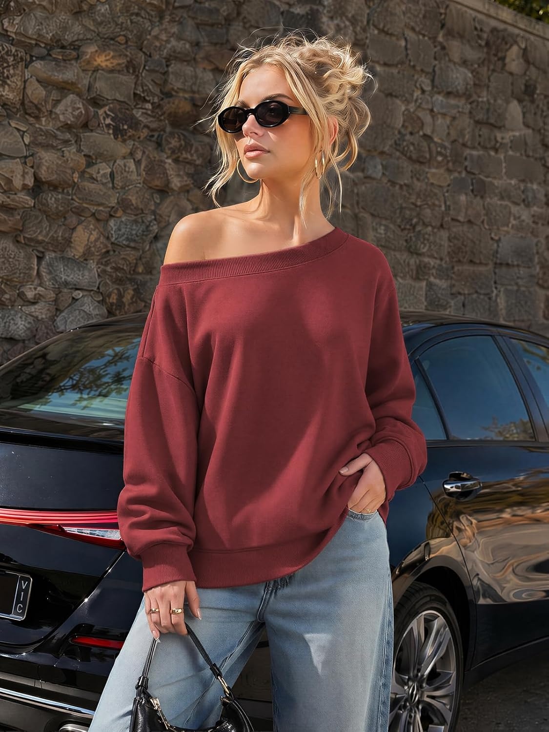 image:imageATHMILE Womens Off the Shoulder Sweatshirts Fleece Lined Long Sleeve Pullover Tops Oversized Sweater Basic Slouchy ClothesWine Red