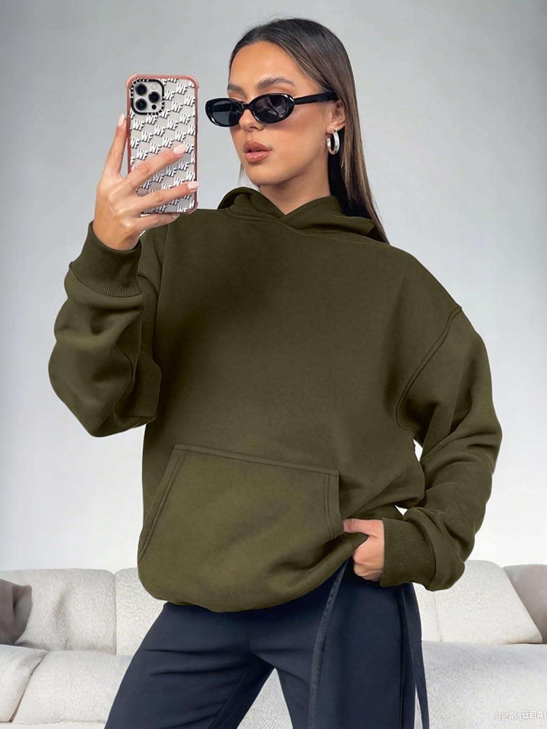 image:imageATHMILE Womens Oversized Hoodies Fleece Sweatshirts Long Sleeve Sweaters Pullover Fall Clothes with PocketArmy Green