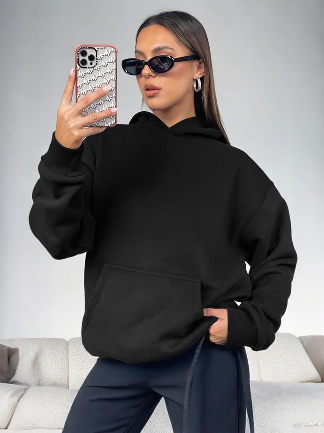 image:imageATHMILE Womens Oversized Hoodies Fleece Sweatshirts Long Sleeve Sweaters Pullover Fall Clothes with PocketBlack