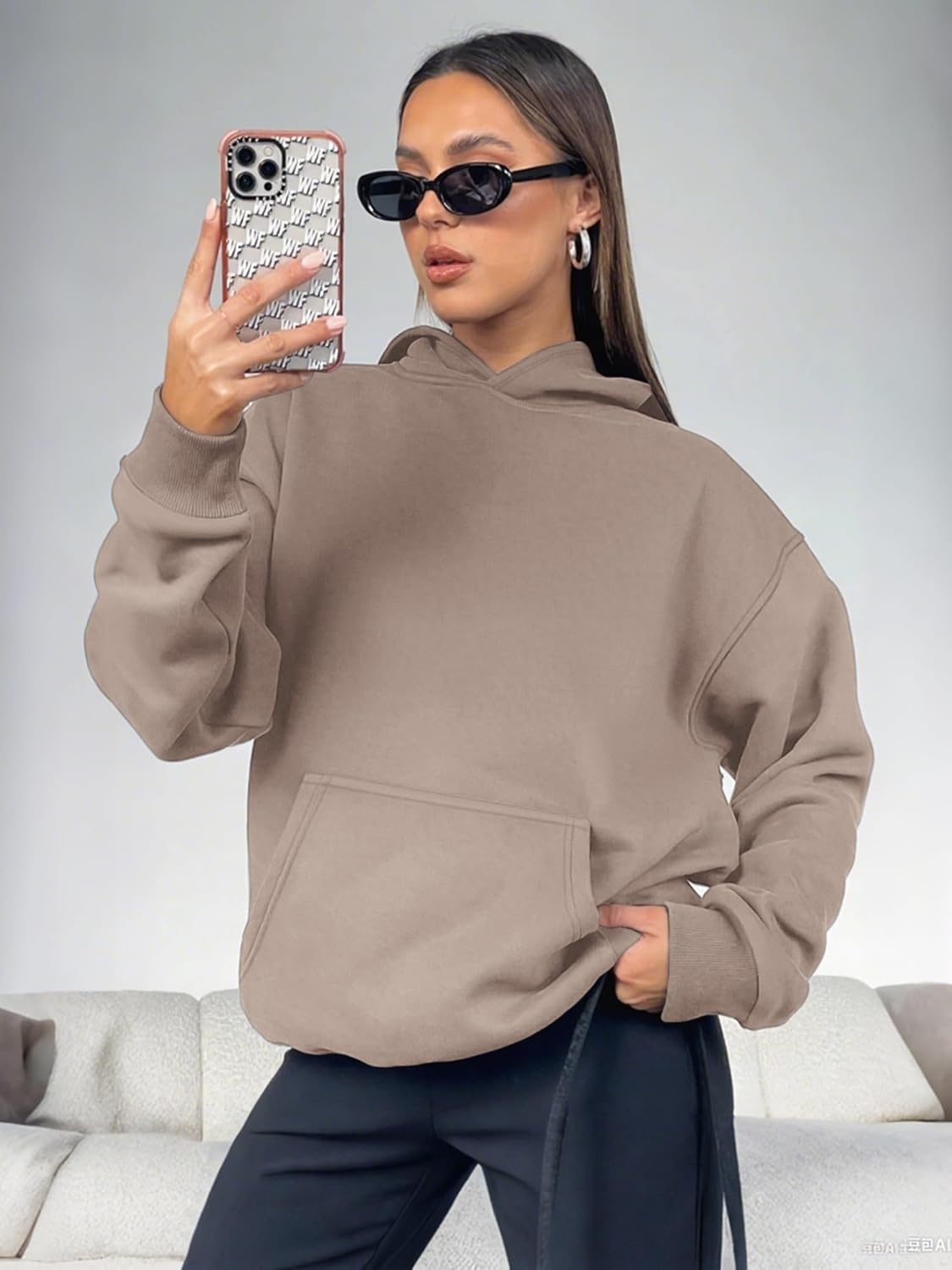 image:imageATHMILE Womens Oversized Hoodies Fleece Sweatshirts Long Sleeve Sweaters Pullover Fall Clothes with PocketCoffee Grey
