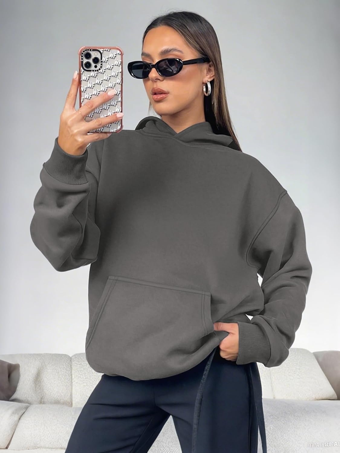 image:imageATHMILE Womens Oversized Hoodies Fleece Sweatshirts Long Sleeve Sweaters Pullover Fall Clothes with PocketDark Grey