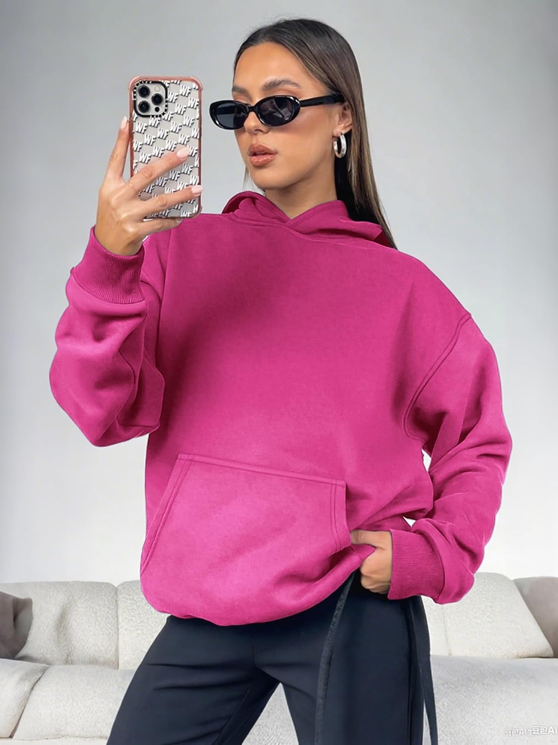 image:imageATHMILE Womens Oversized Hoodies Fleece Sweatshirts Long Sleeve Sweaters Pullover Fall Clothes with PocketHot Pink