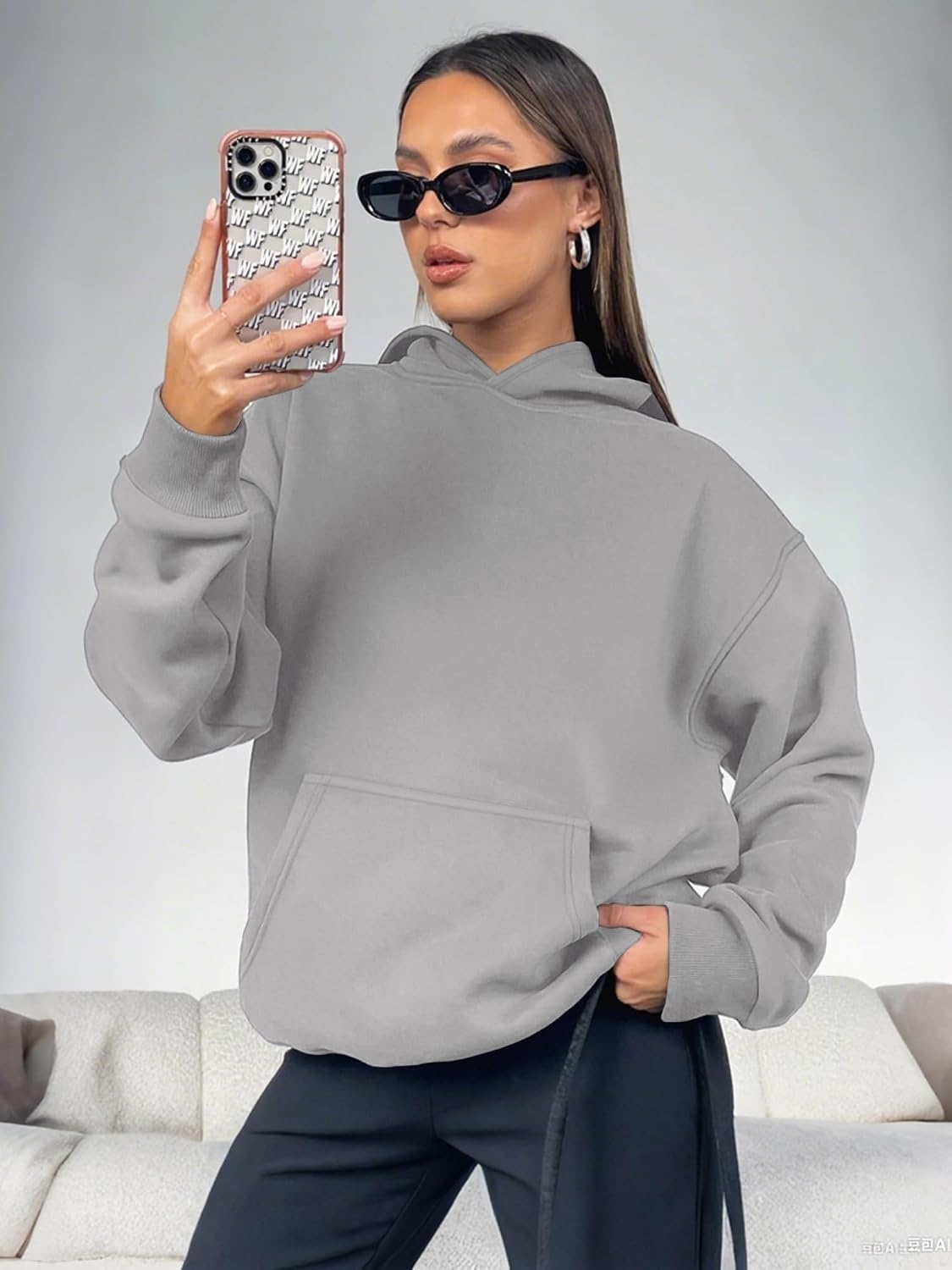image:imageATHMILE Womens Oversized Hoodies Fleece Sweatshirts Long Sleeve Sweaters Pullover Fall Clothes with PocketLight Grey