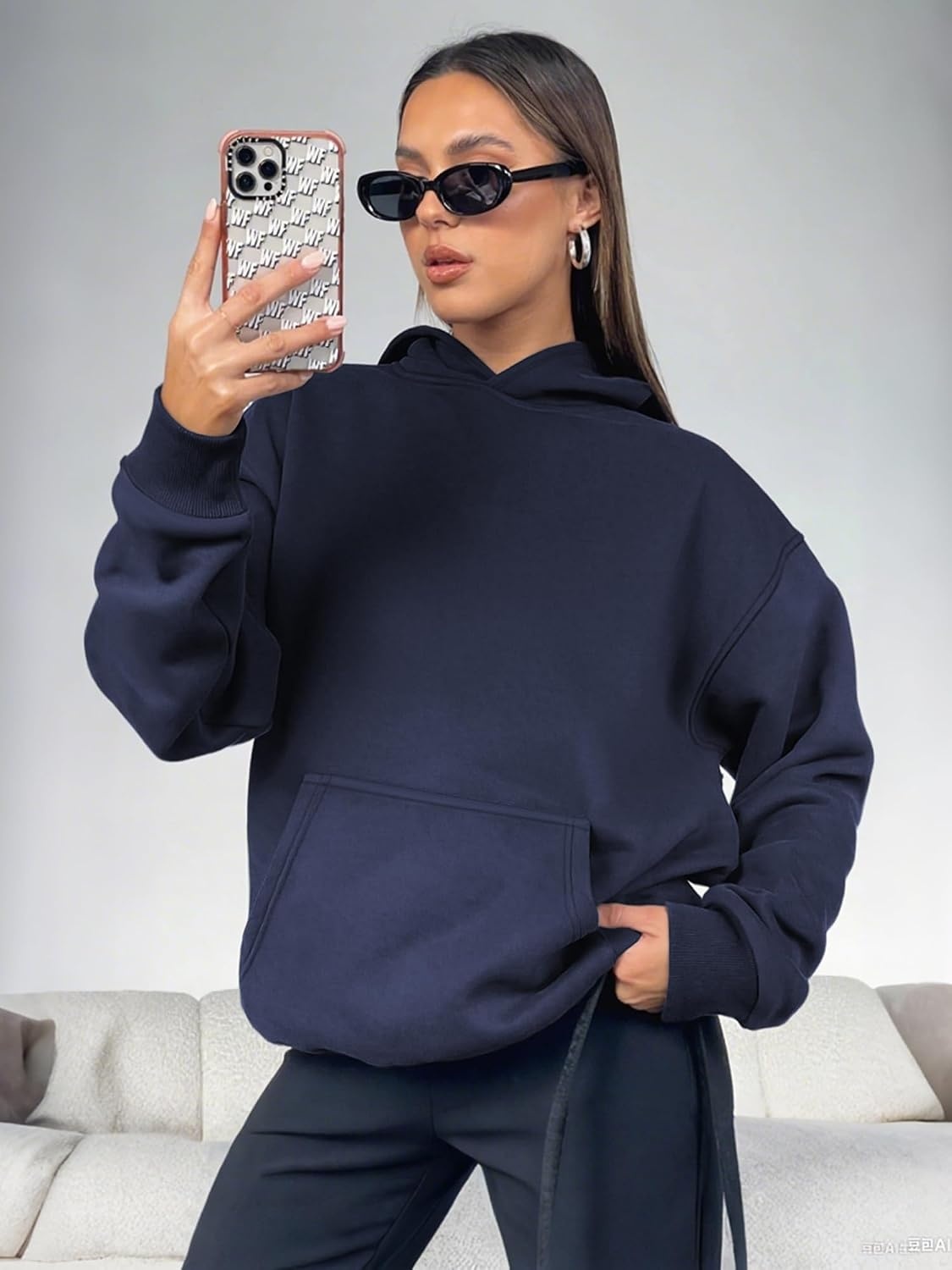 image:imageATHMILE Womens Oversized Hoodies Fleece Sweatshirts Long Sleeve Sweaters Pullover Fall Clothes with PocketNavy