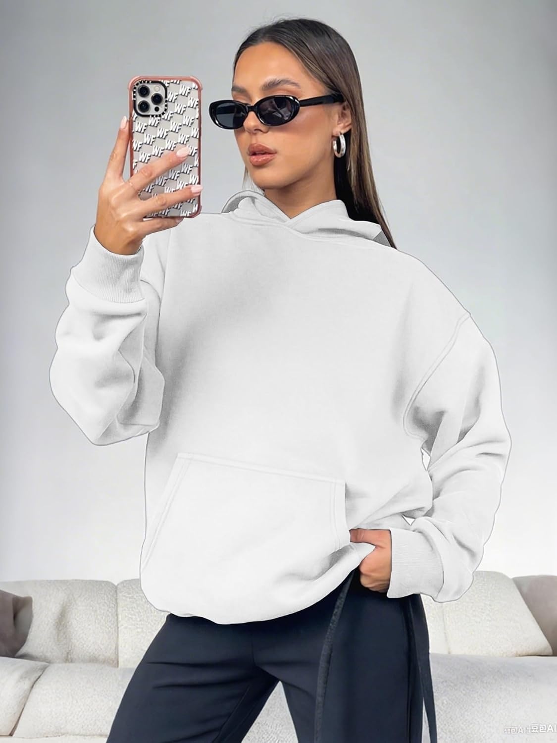 image:imageATHMILE Womens Oversized Hoodies Fleece Sweatshirts Long Sleeve Sweaters Pullover Fall Clothes with PocketWhite